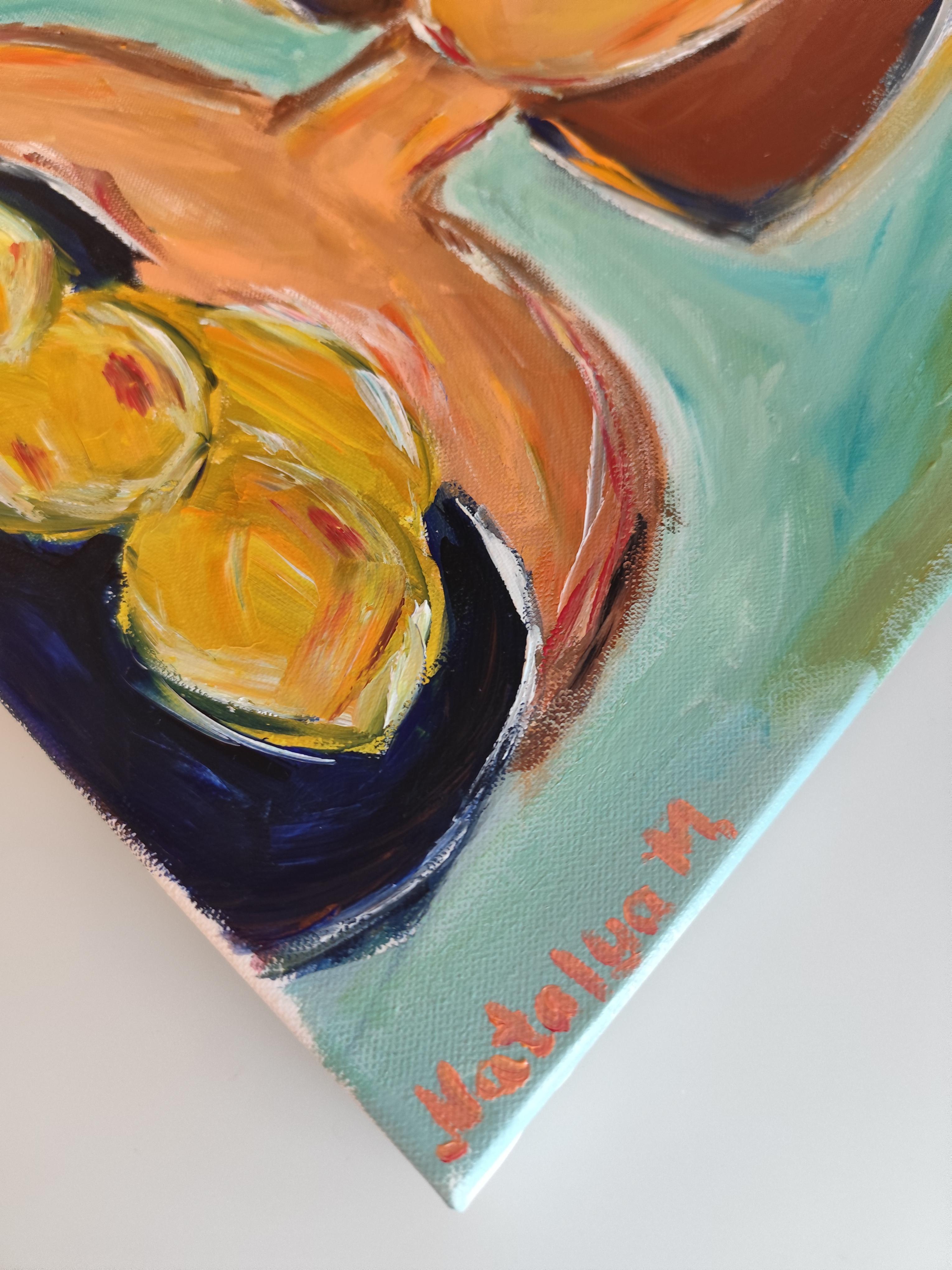 Pintura figurativa contemporánea en acrílico de una mujer con limones sobre lienzo 6
