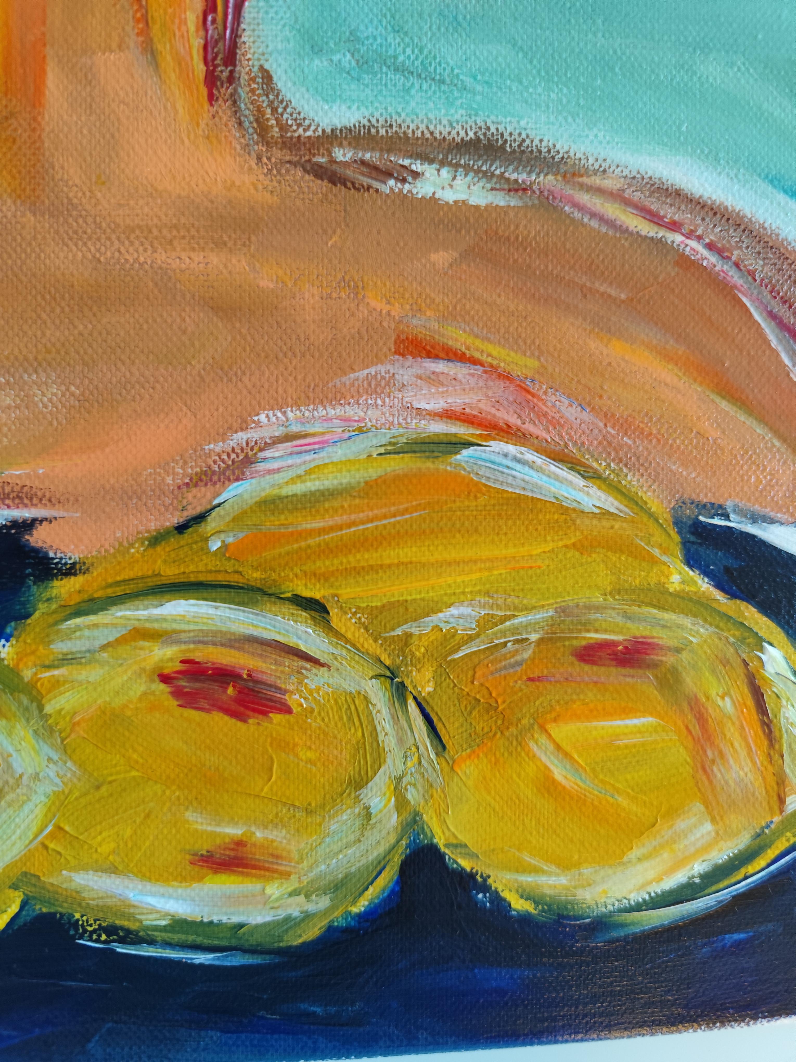 Pintura figurativa contemporánea en acrílico de una mujer con limones sobre lienzo 9