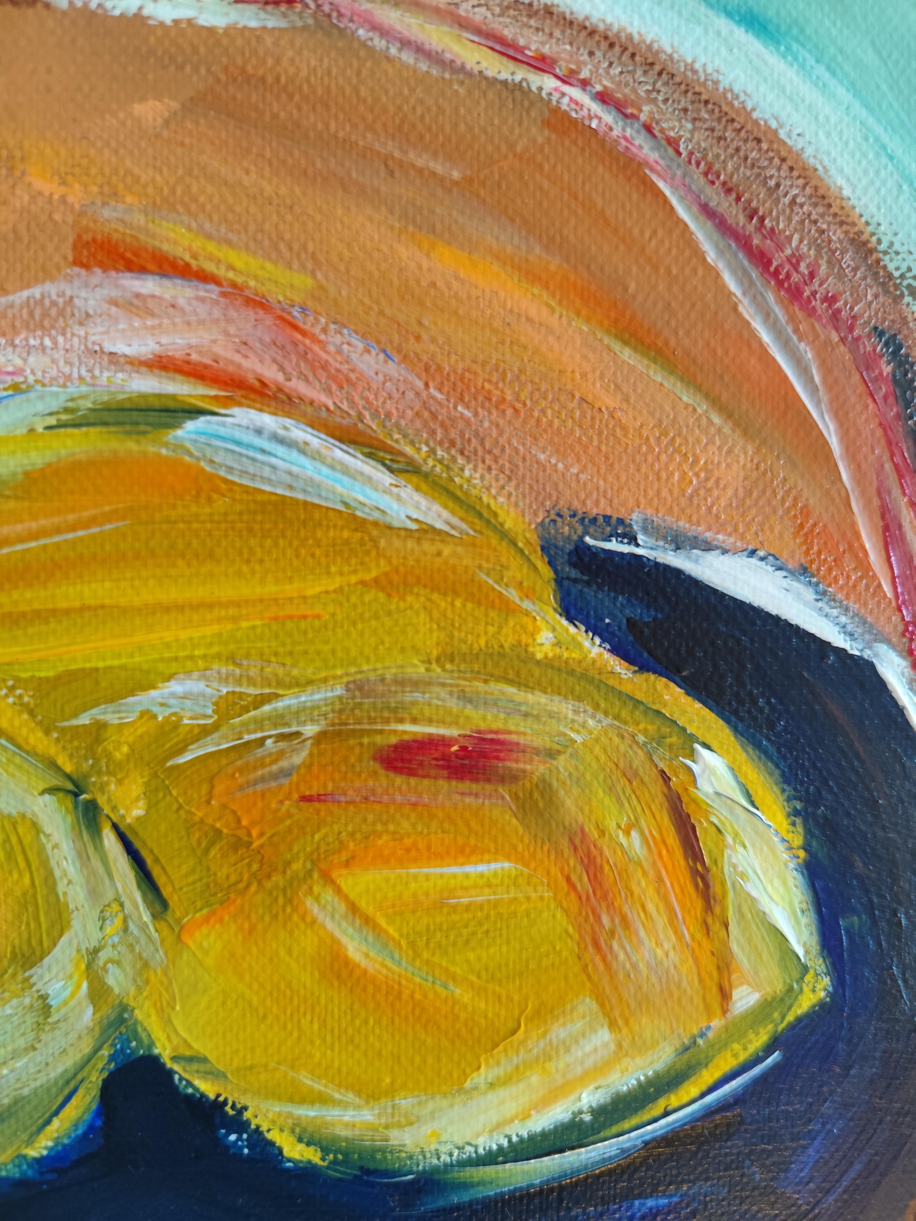 Pintura figurativa contemporánea en acrílico de una mujer con limones sobre lienzo 10