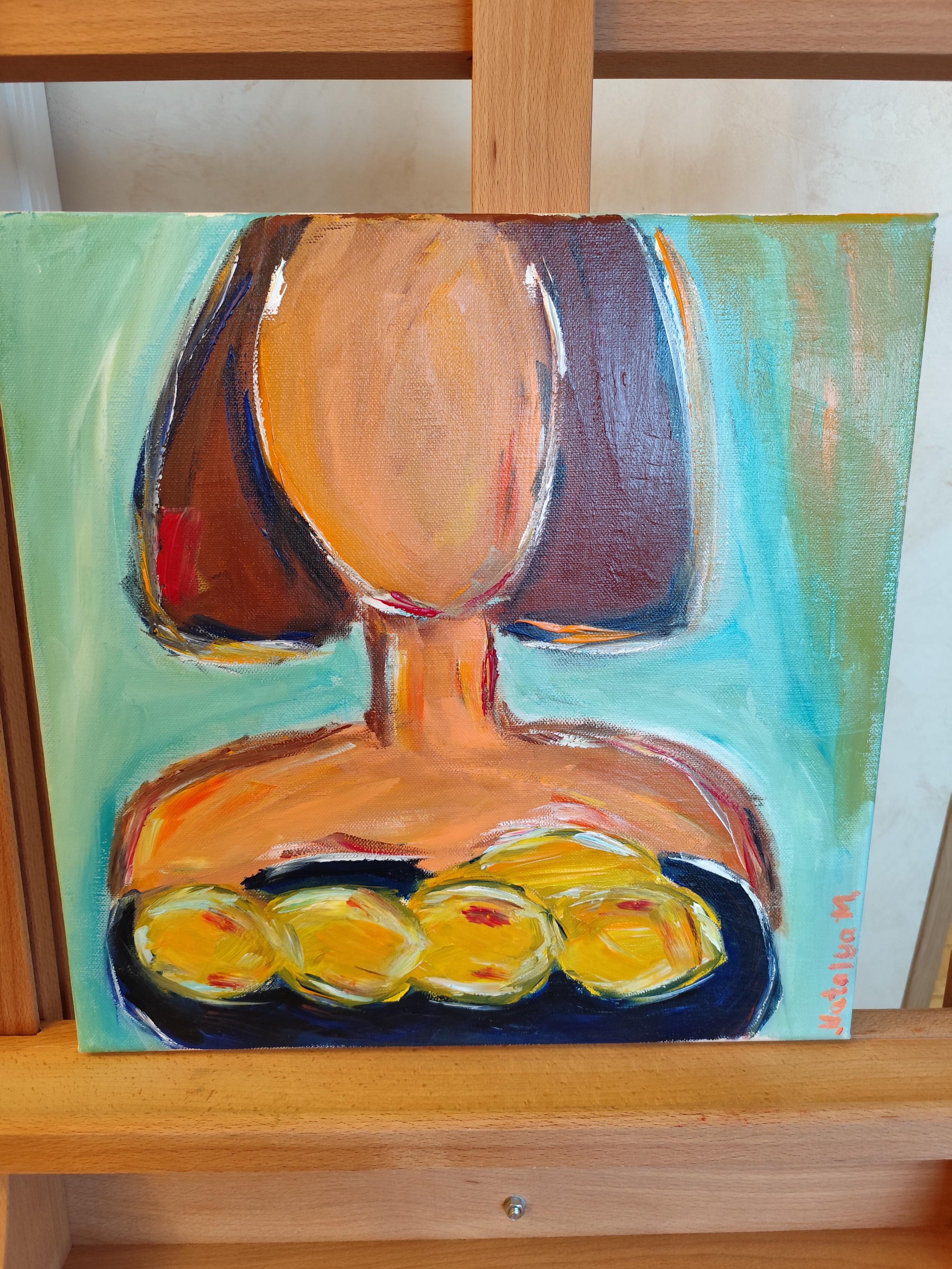 Pintura figurativa contemporánea en acrílico de una mujer con limones sobre lienzo 11