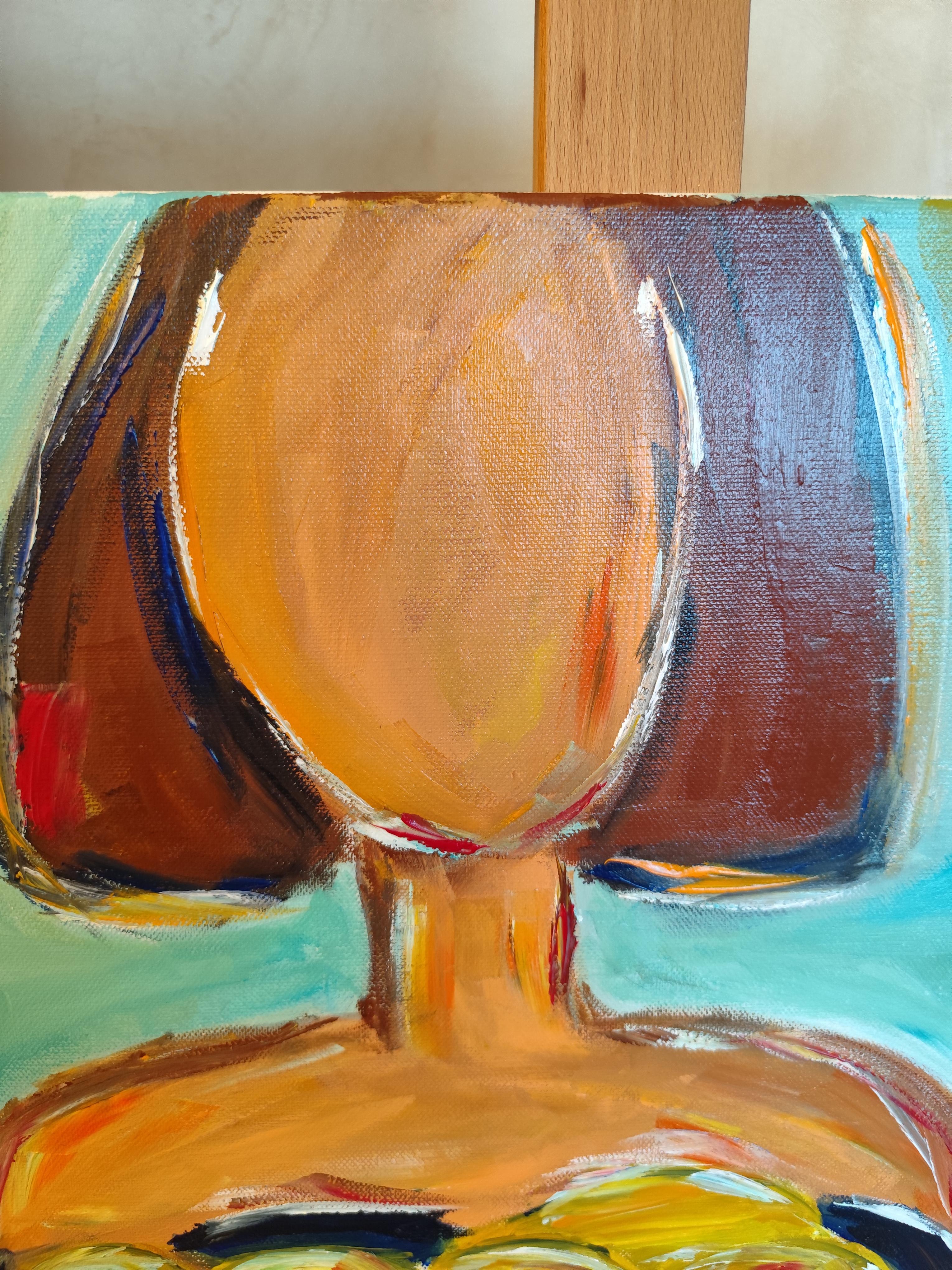 Pintura figurativa contemporánea en acrílico de una mujer con limones sobre lienzo 12
