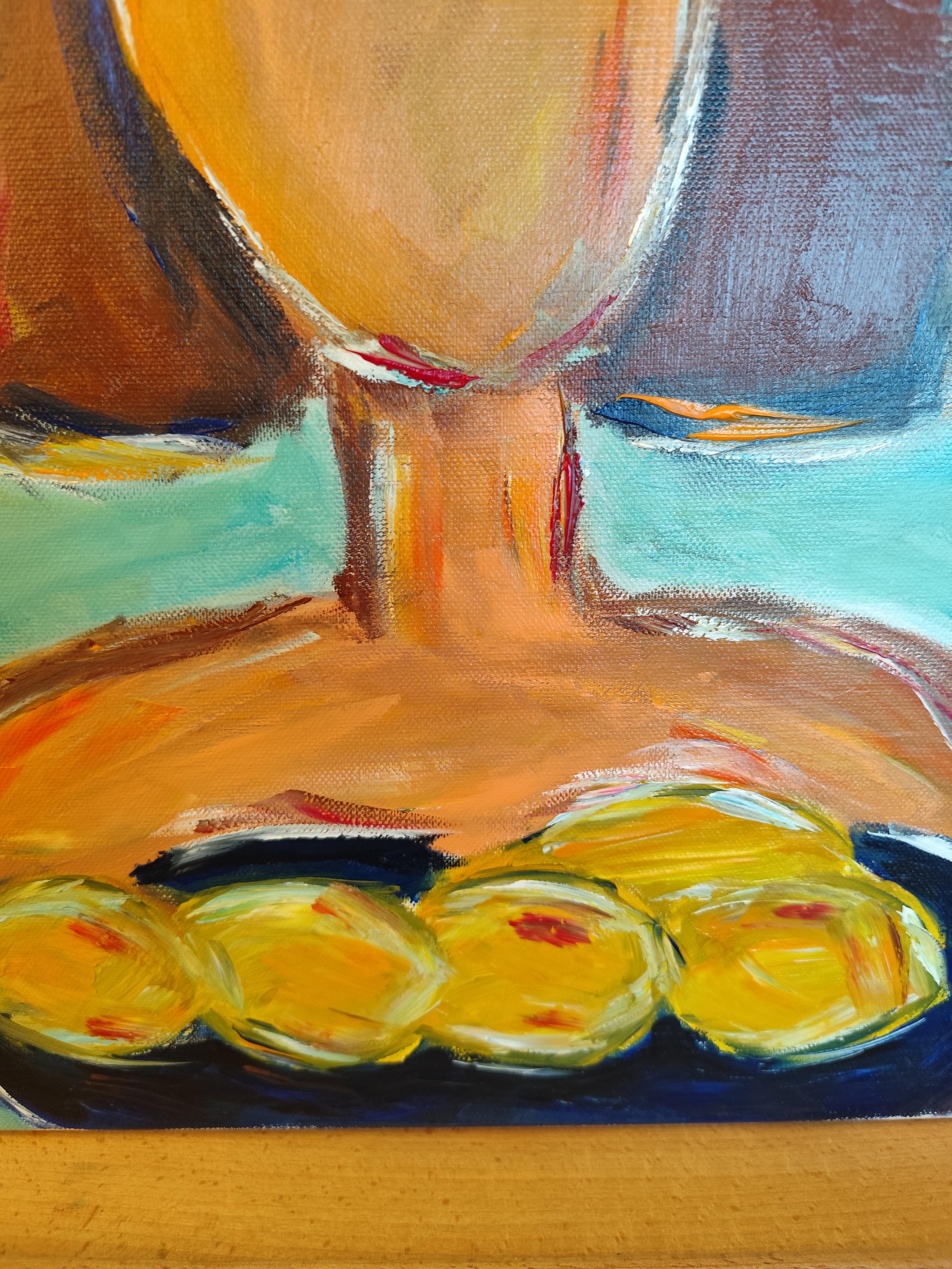 Pintura figurativa contemporánea en acrílico de una mujer con limones sobre lienzo 13