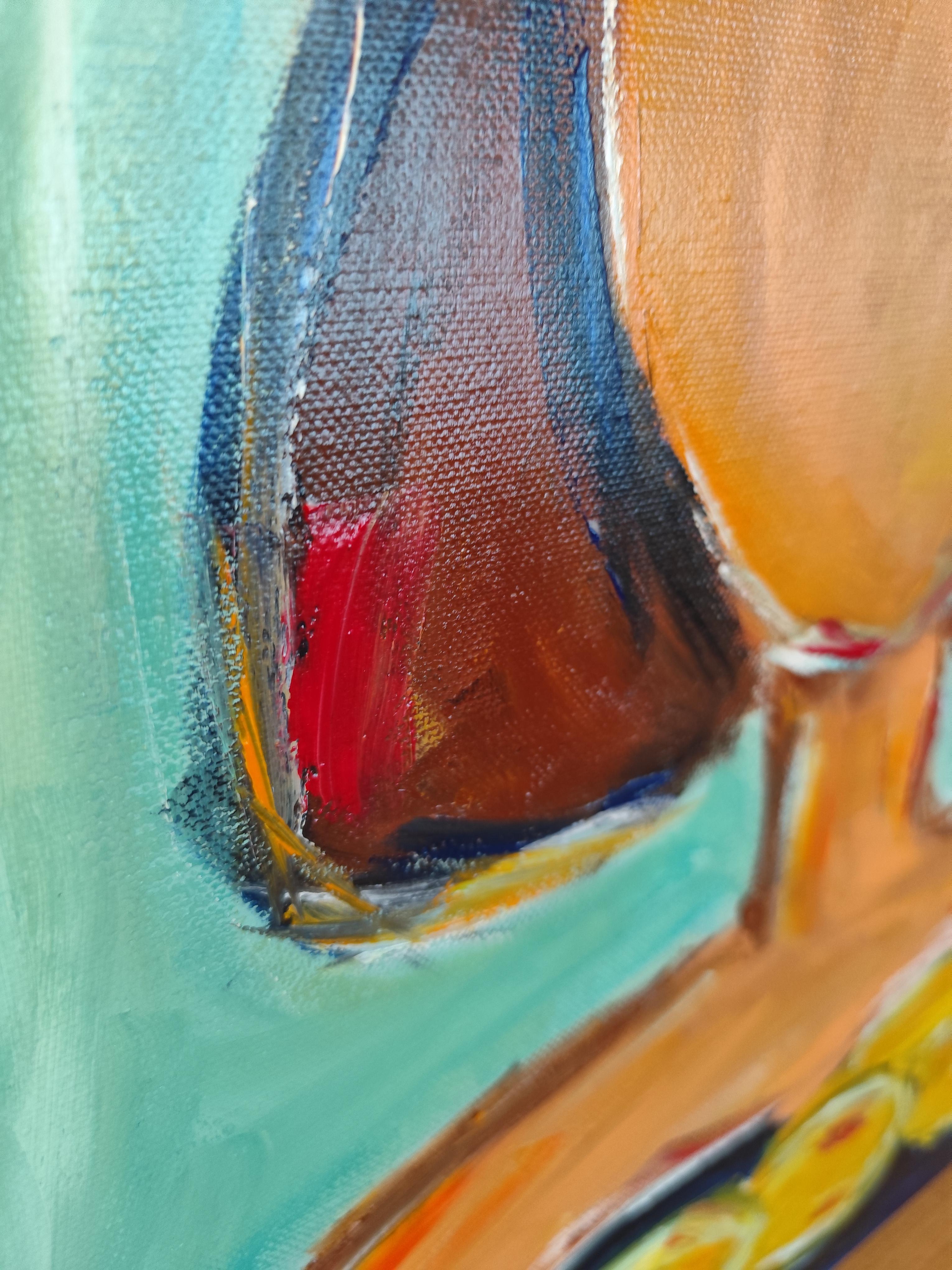 Pintura figurativa contemporánea en acrílico de una mujer con limones sobre lienzo 15