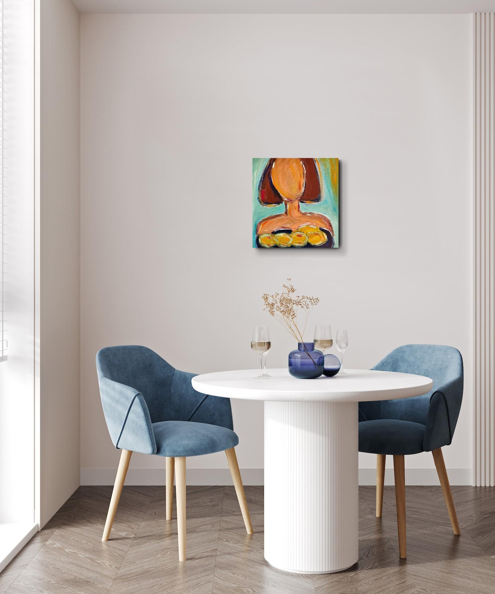 Pintura figurativa contemporánea en acrílico de una mujer con limones sobre lienzo 1