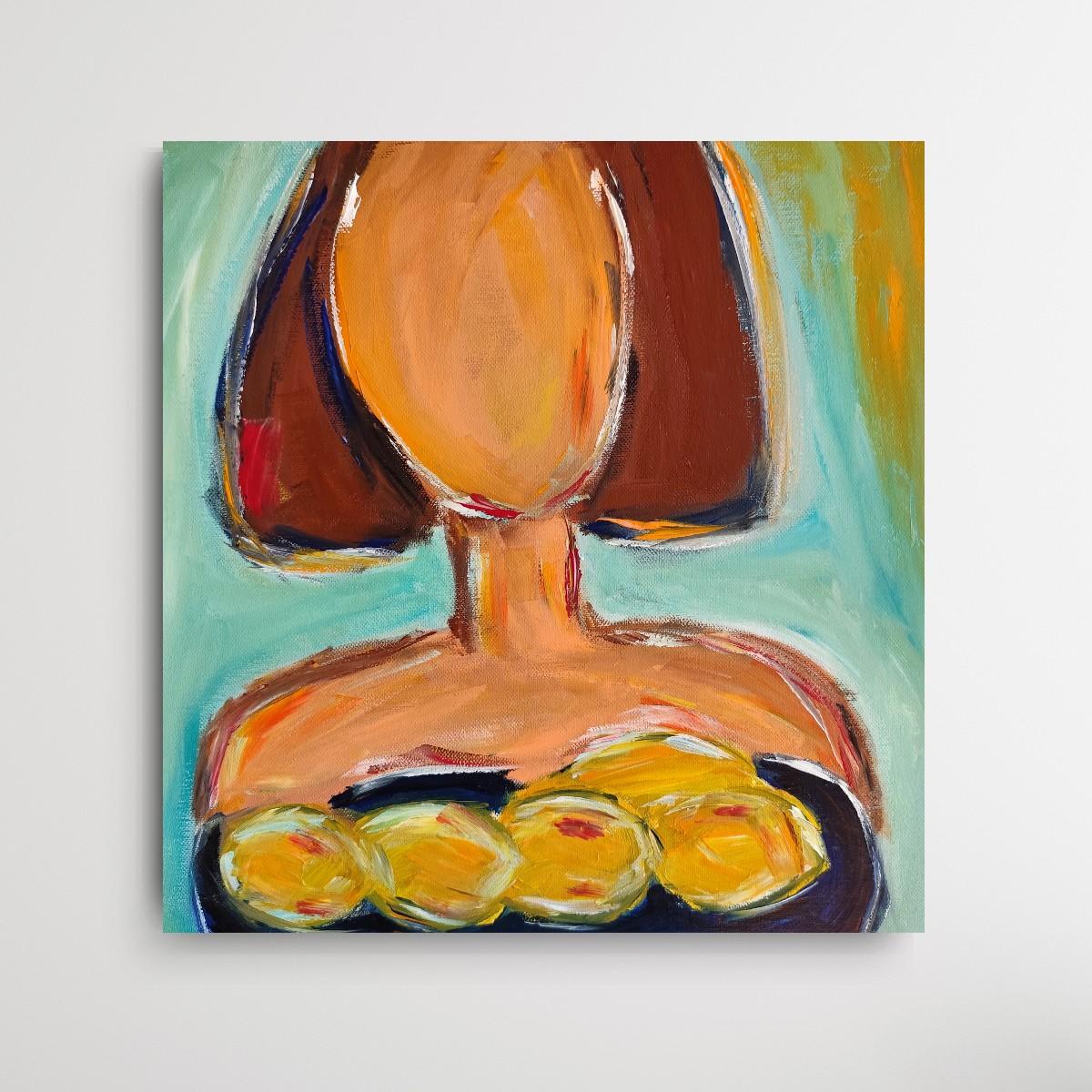 Pintura figurativa contemporánea en acrílico de una mujer con limones sobre lienzo 2