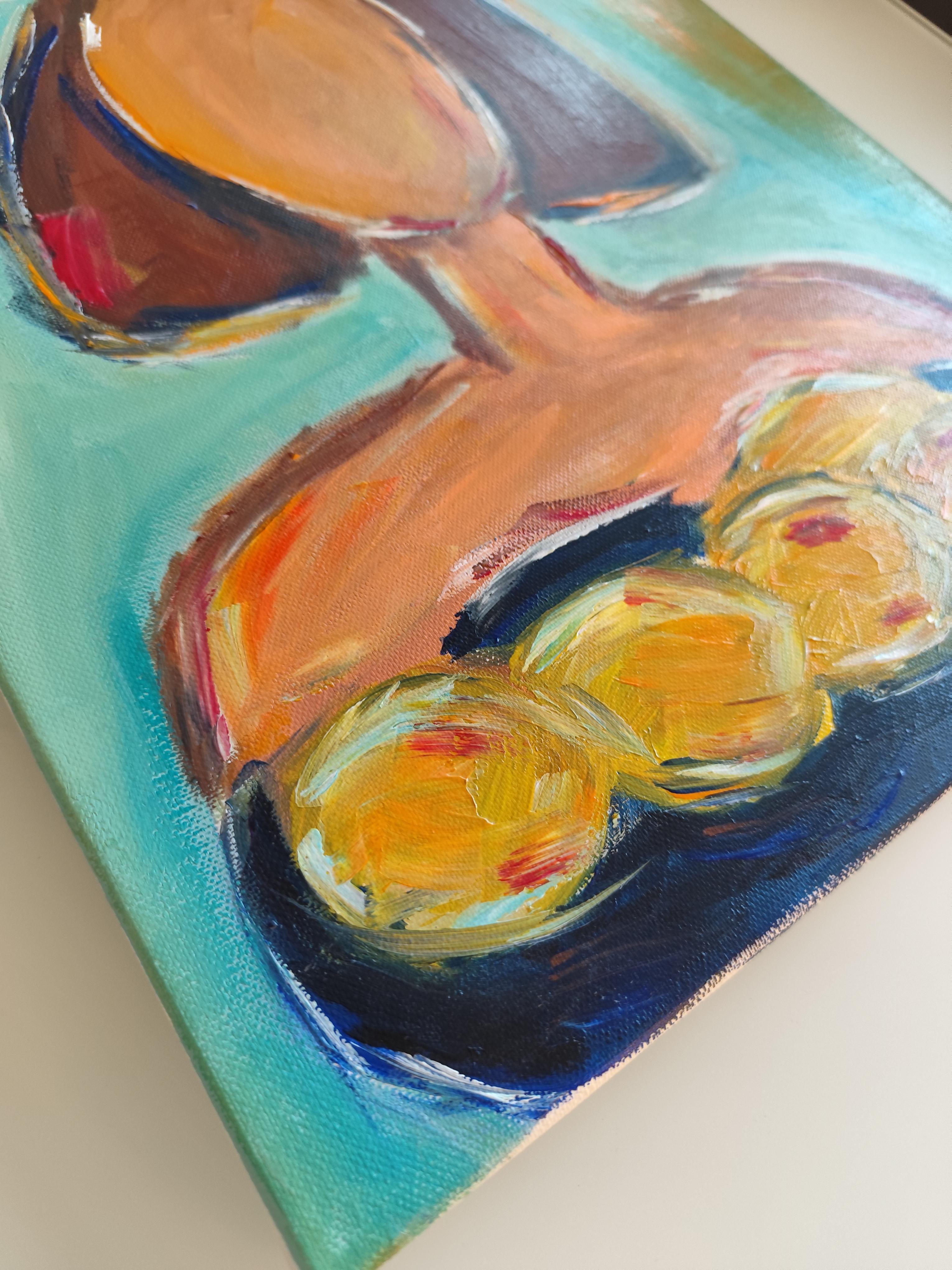 Pintura figurativa contemporánea en acrílico de una mujer con limones sobre lienzo 4