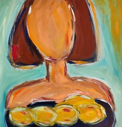 Contemporary figurative acrylic painting of a woman with lemons on canvas