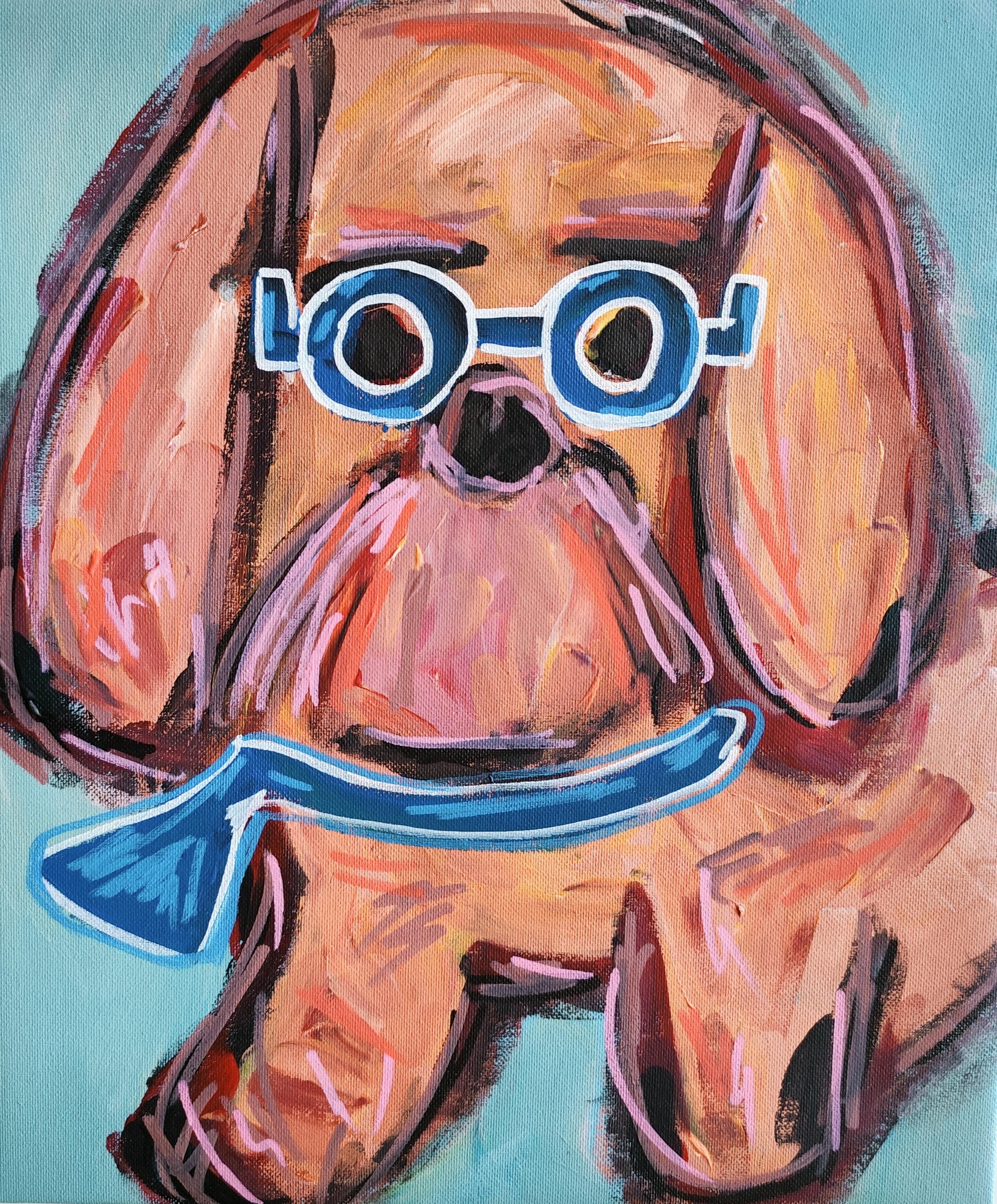 Contemporary figurative dog's portrait acrylic painting on canvas "Stylish pup"
