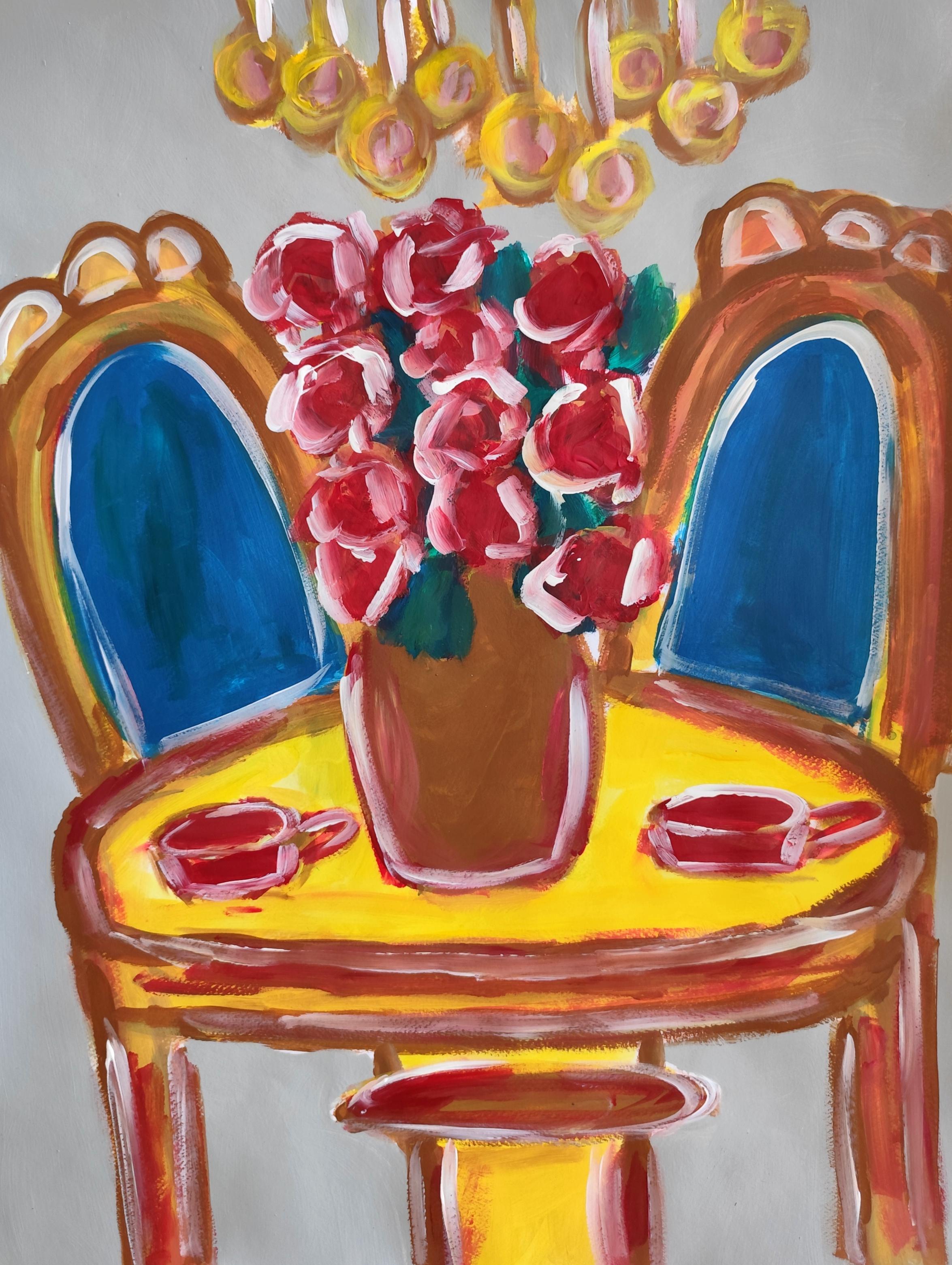 Mougenot Natalya Still-Life Painting - Contemporary figurative expressive still-life painting on paper "Quiet Joy"