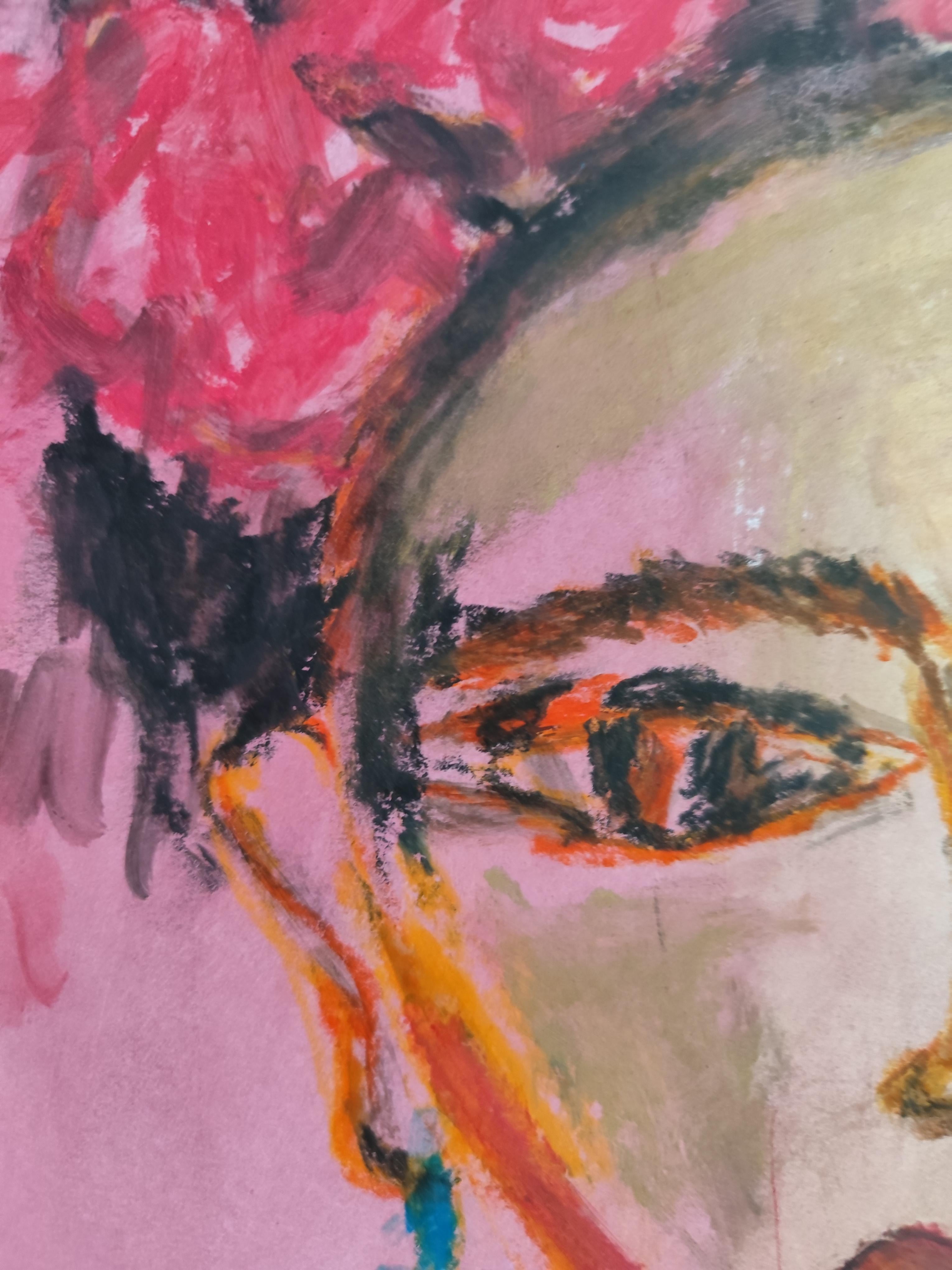 Peinture figurative contemporaine au pastel à l'huile de la jeune Frida Kahlo sur papier en vente 7