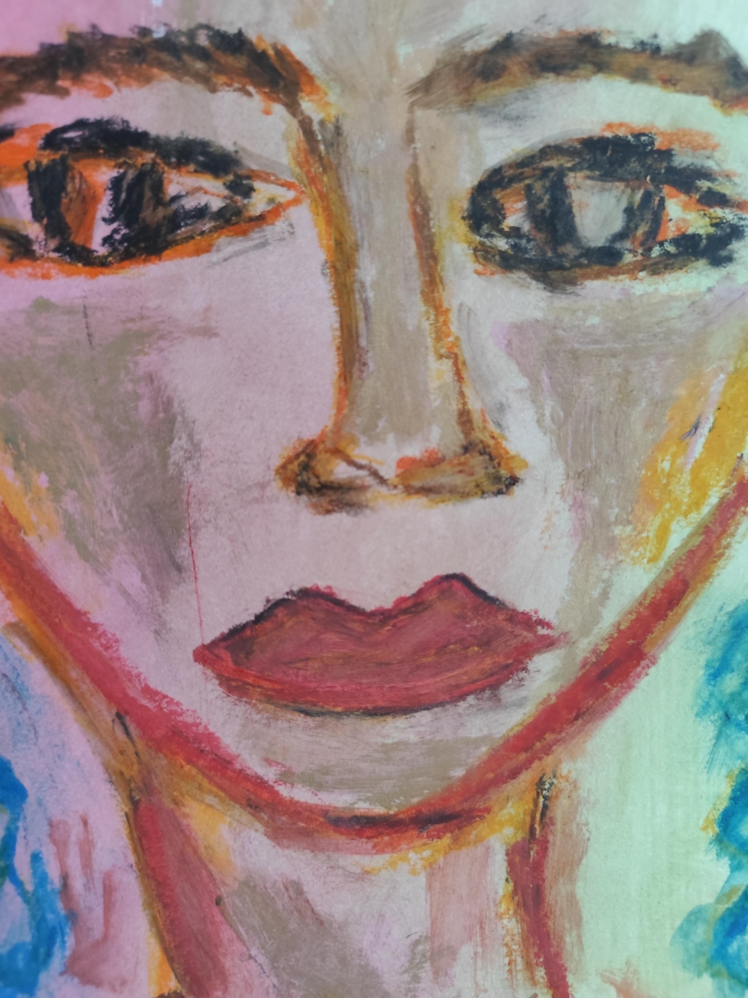 Peinture figurative contemporaine au pastel à l'huile de la jeune Frida Kahlo sur papier en vente 8