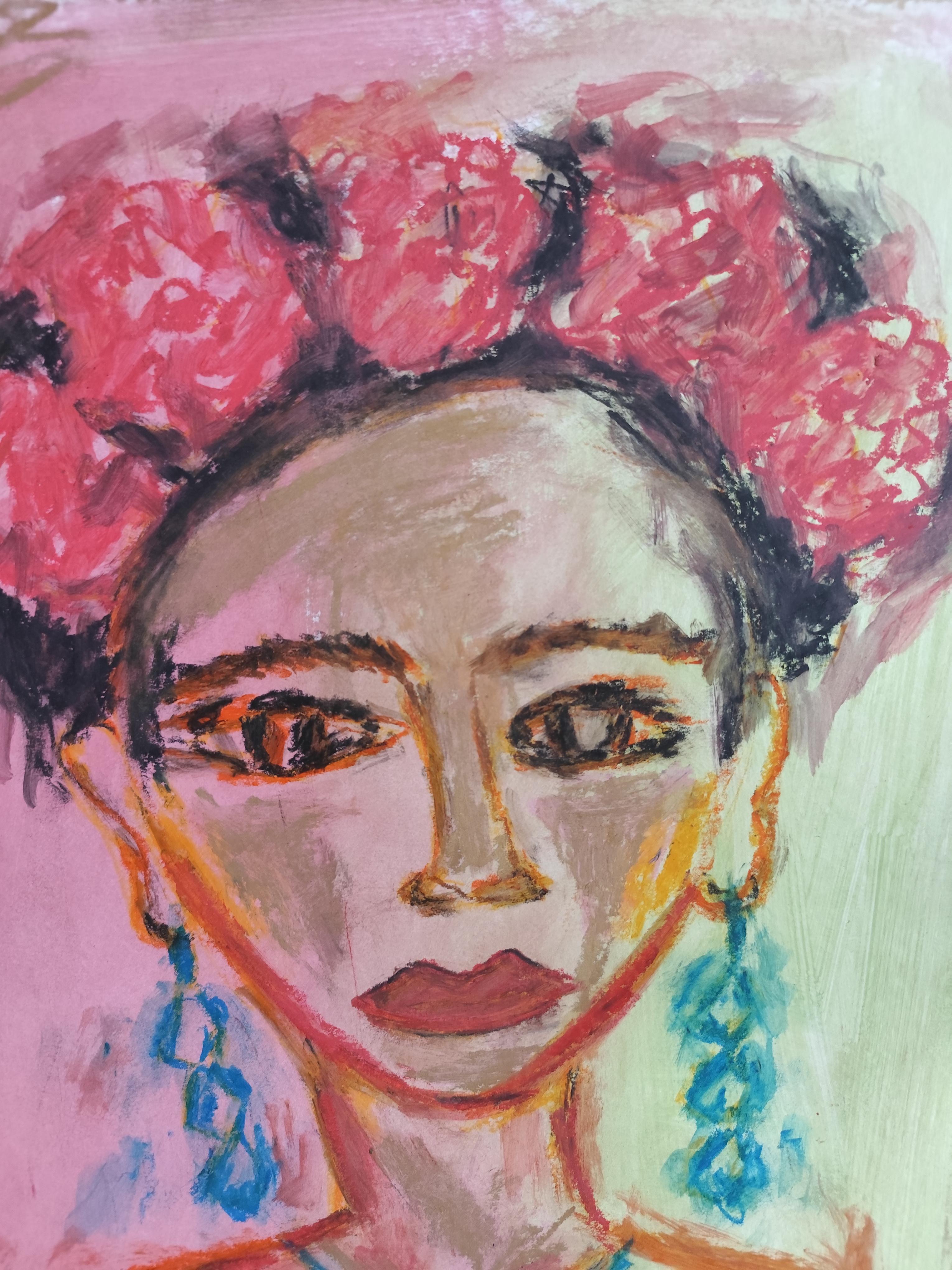 Peinture figurative contemporaine au pastel à l'huile de la jeune Frida Kahlo sur papier en vente 9