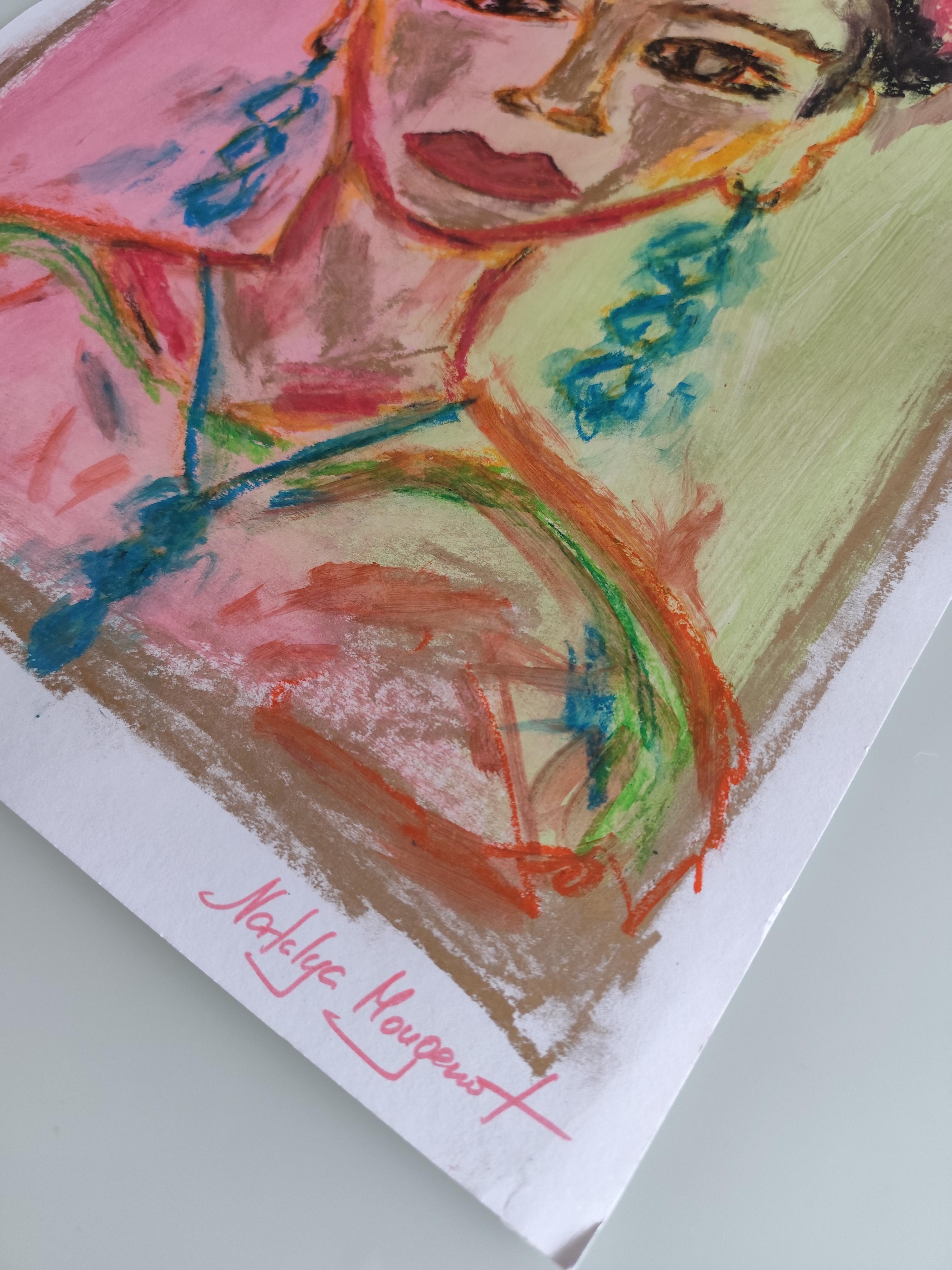 Peinture figurative contemporaine au pastel à l'huile de la jeune Frida Kahlo sur papier en vente 11