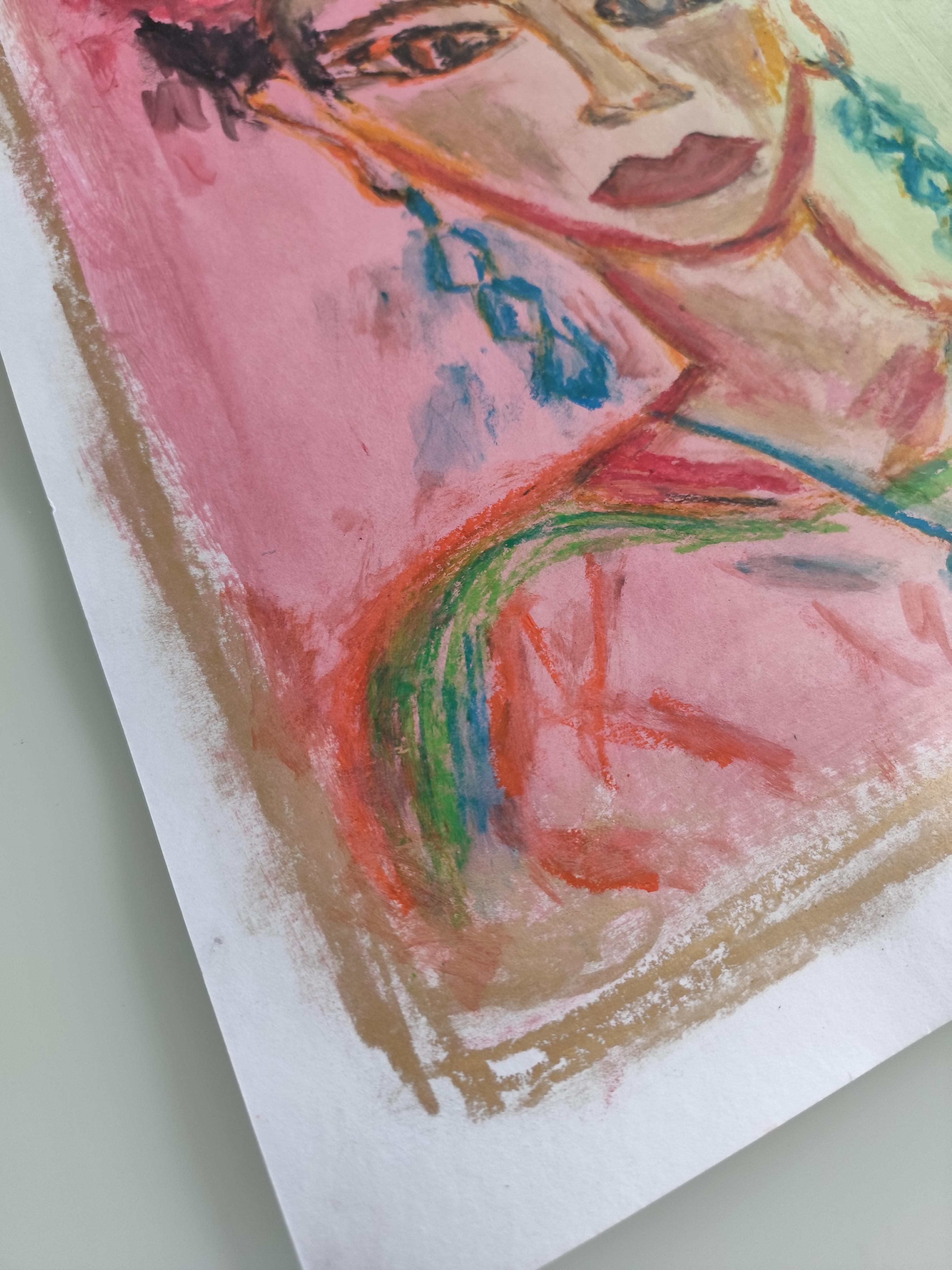 Peinture figurative contemporaine au pastel à l'huile de la jeune Frida Kahlo sur papier en vente 12