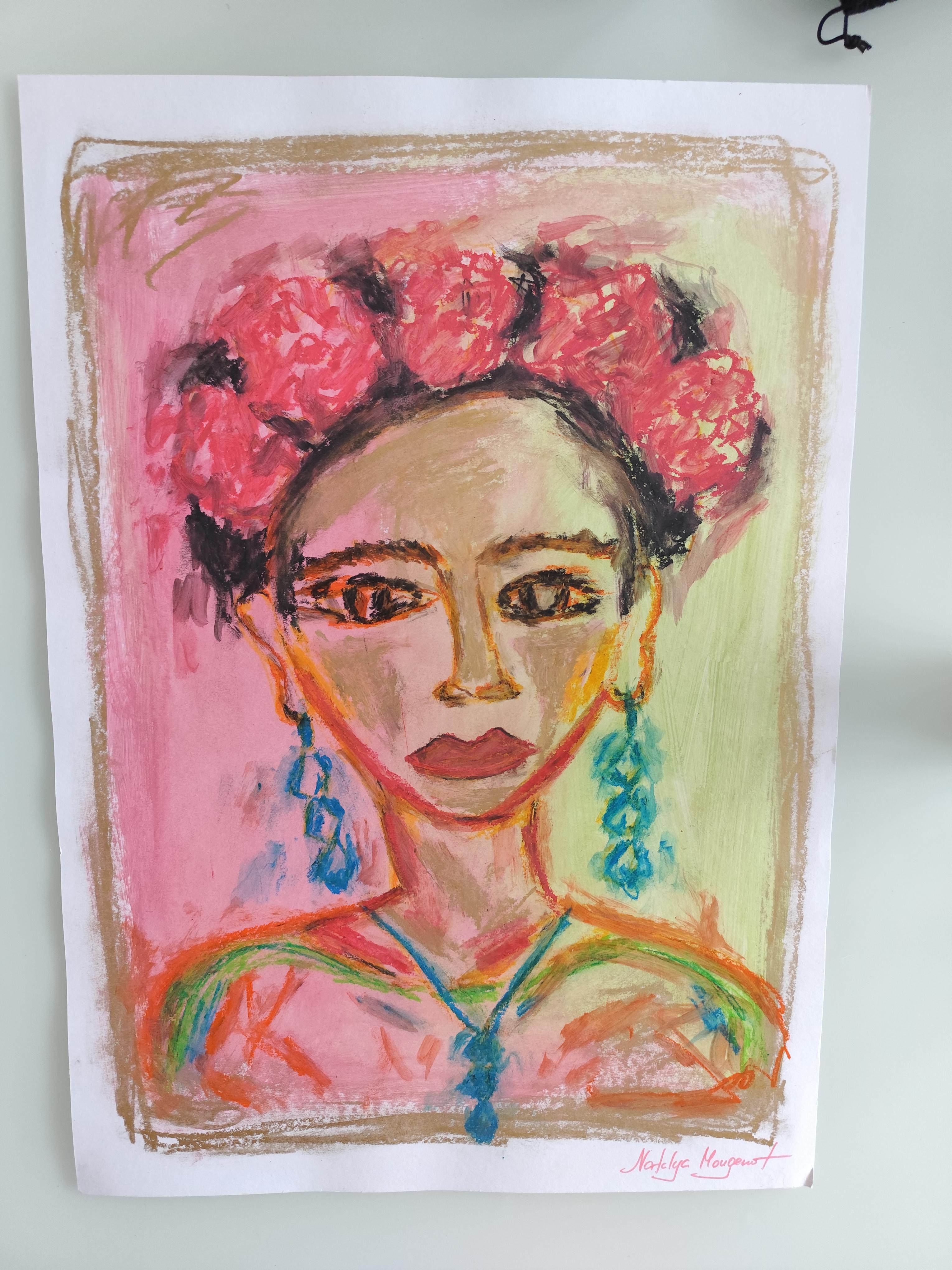 Peinture figurative contemporaine au pastel à l'huile de la jeune Frida Kahlo sur papier en vente 13