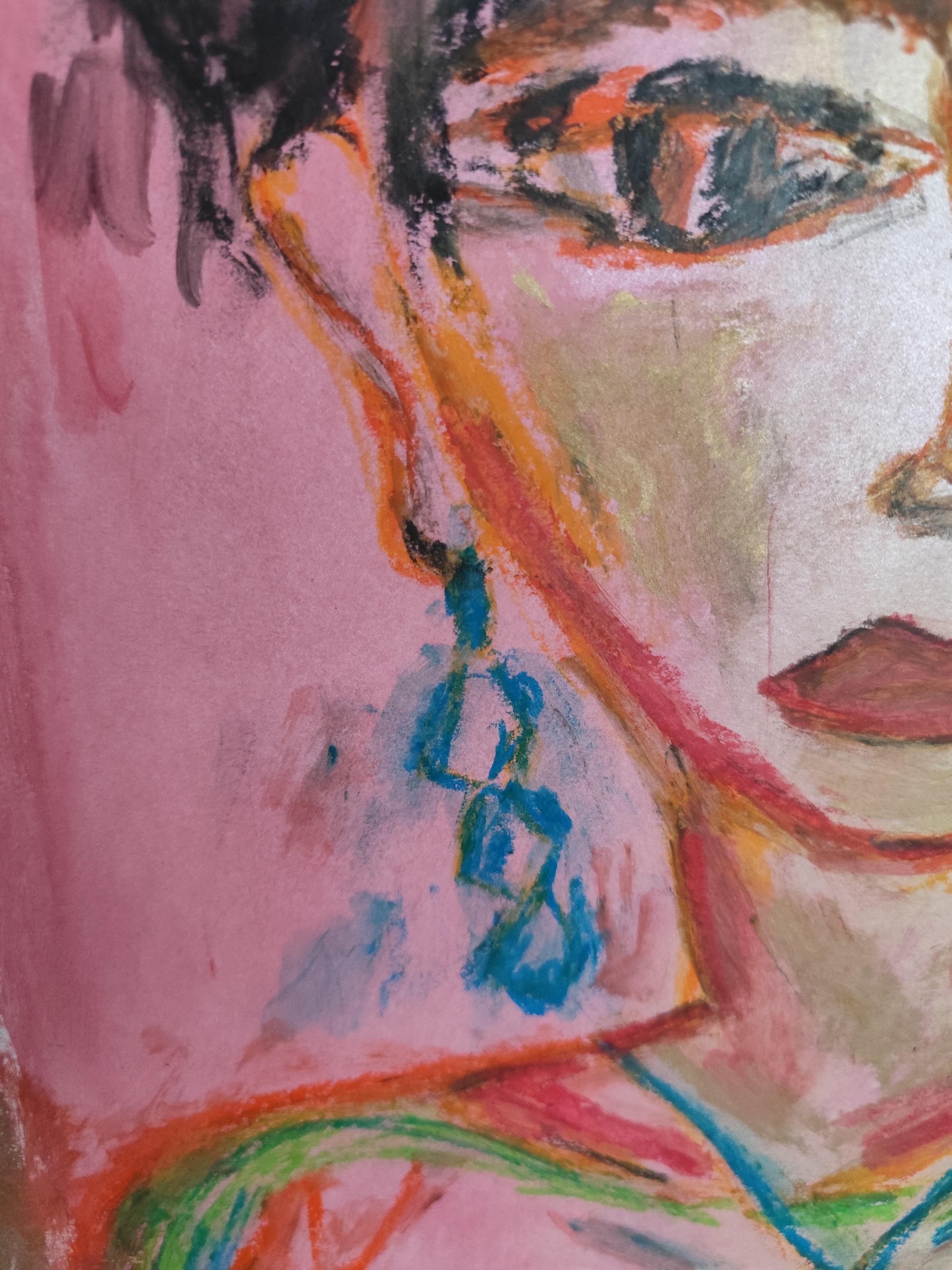 Peinture figurative contemporaine au pastel à l'huile de la jeune Frida Kahlo sur papier en vente 1