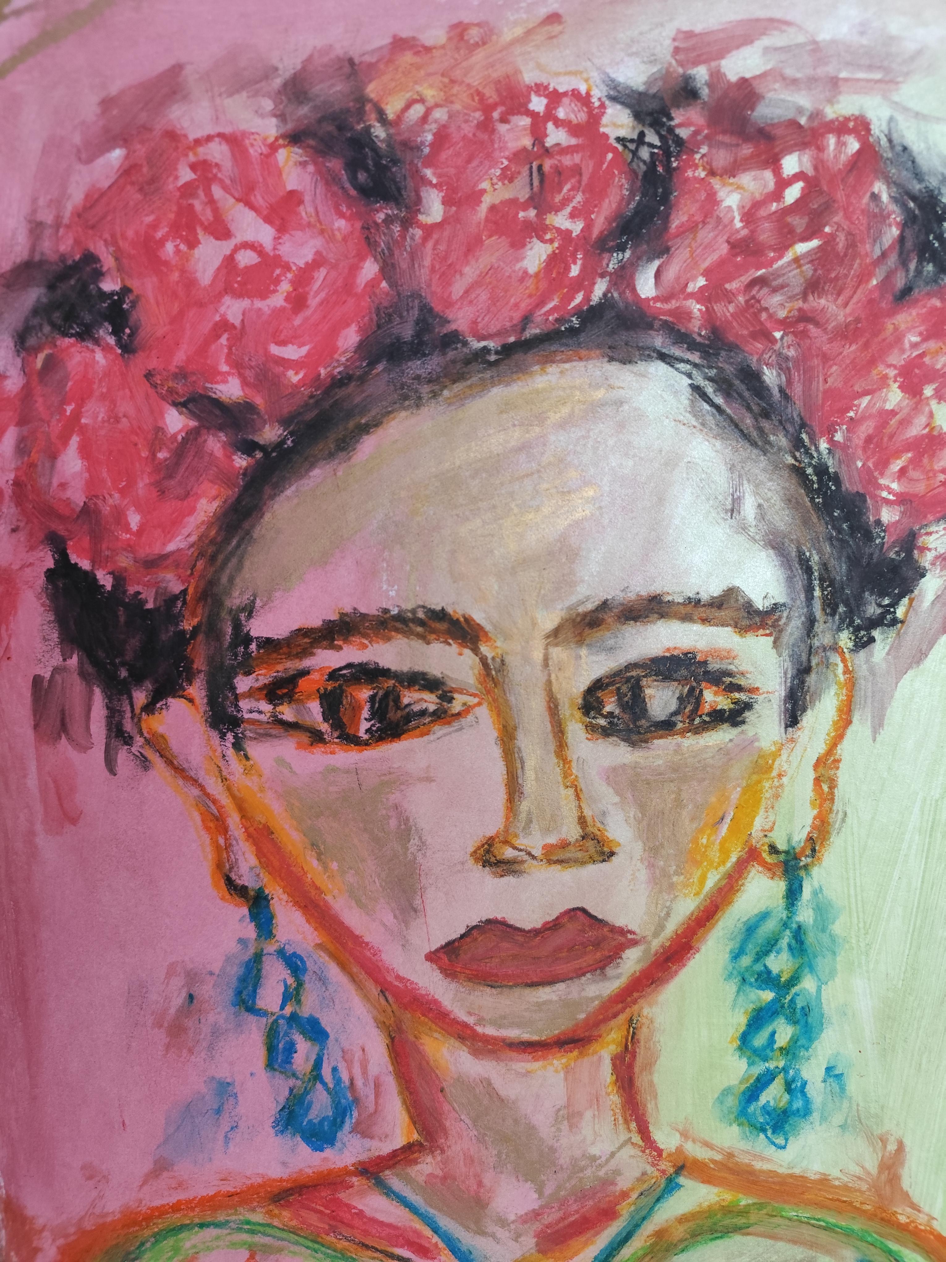 Peinture figurative contemporaine au pastel à l'huile de la jeune Frida Kahlo sur papier en vente 2
