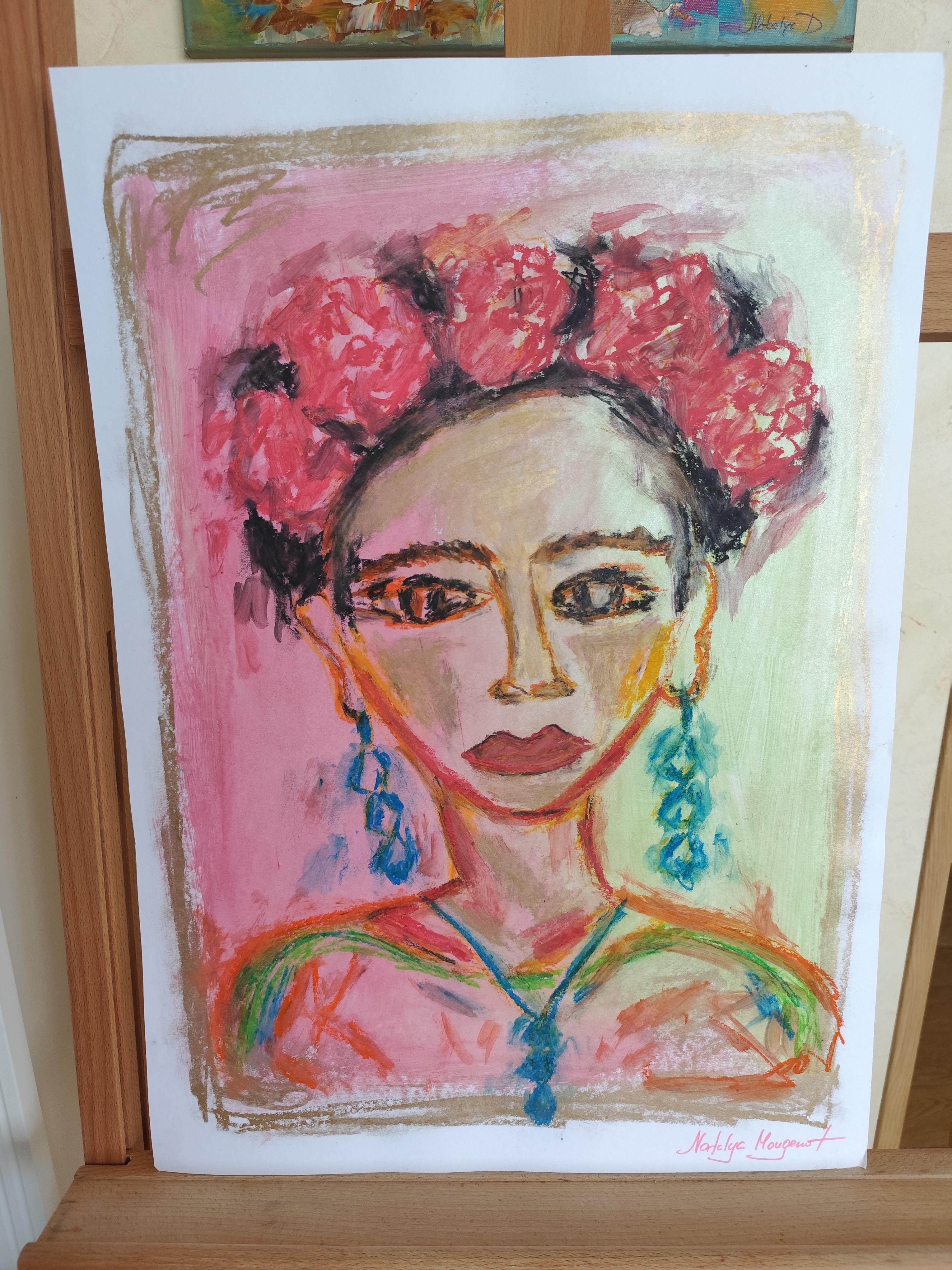 Peinture figurative contemporaine au pastel à l'huile de la jeune Frida Kahlo sur papier en vente 3
