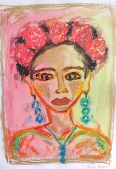 Contemporary figurative oil pastel painting of young Frida Kahlo on paper