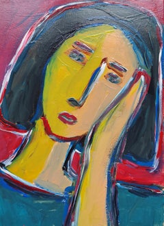 Contemporary Figurative Painting  of woman's portrait "In her thoughts"
