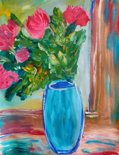 Contemporary impressionist expressive floral painting paper "Roses in light"