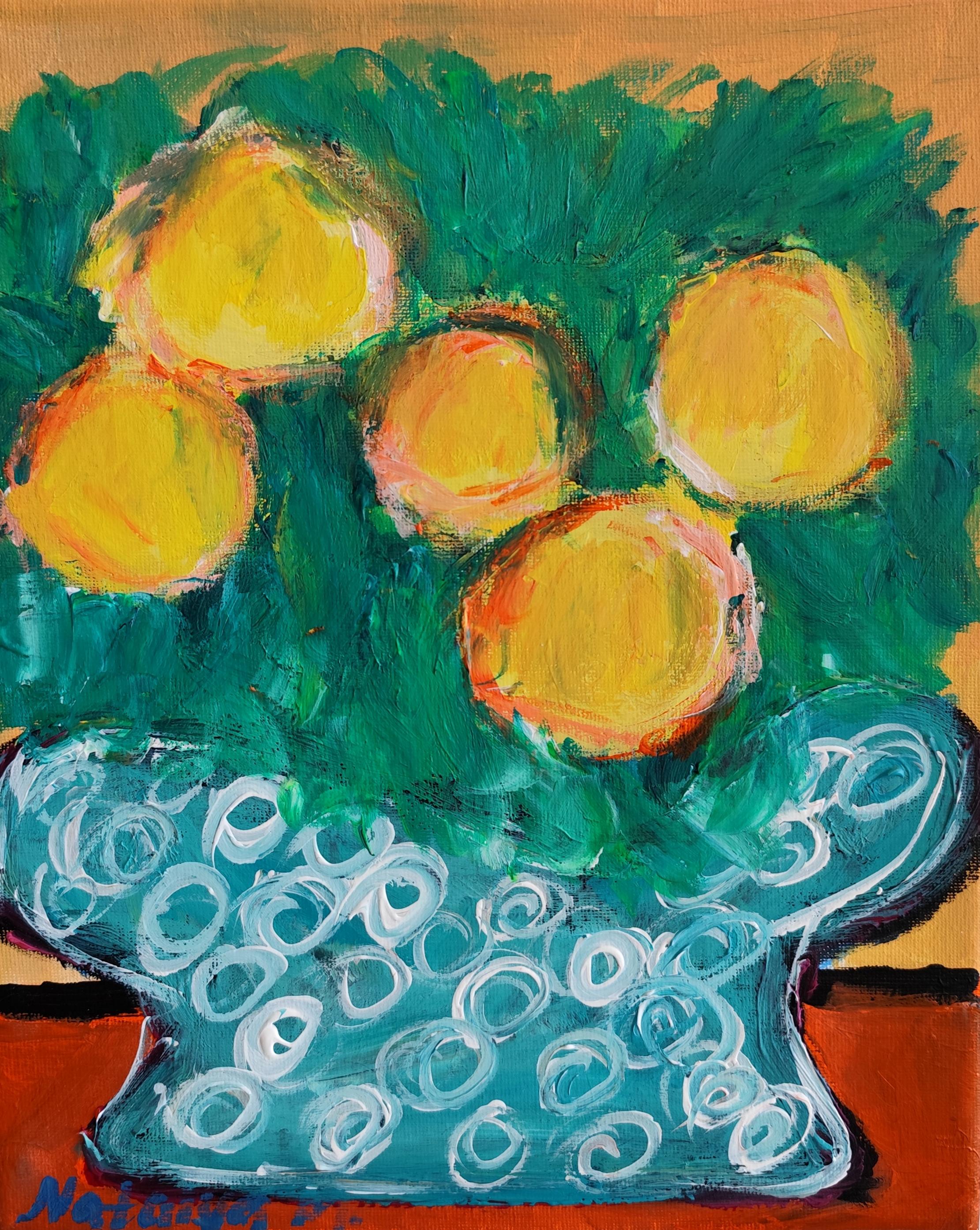 Zeitgenössische impressionistische ausdrucksstarke Fruchtmalerei auf Leinwand "Zitronenblüte".