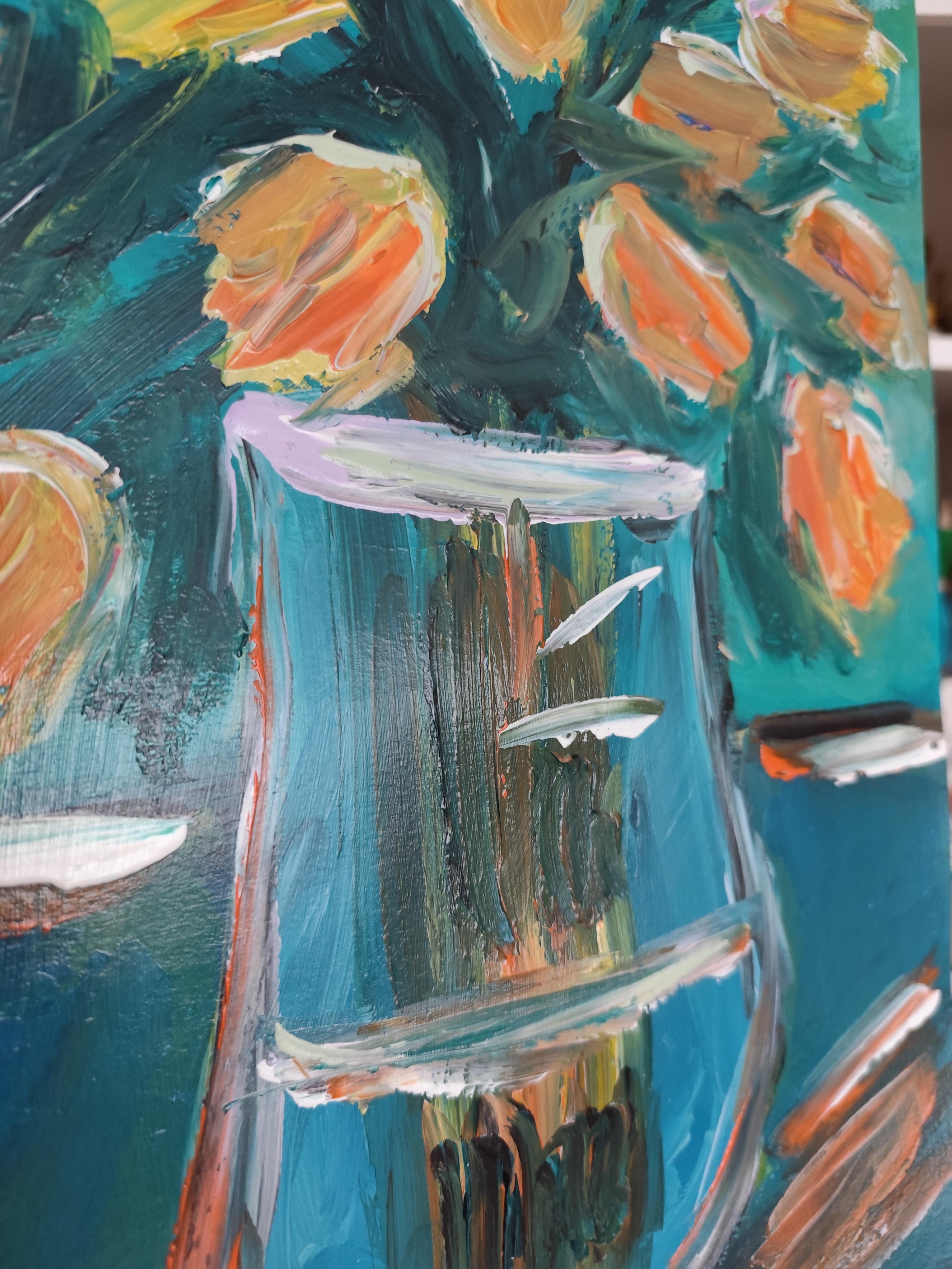 Pintura acrílica floral impresionista contemporánea sobre papel 