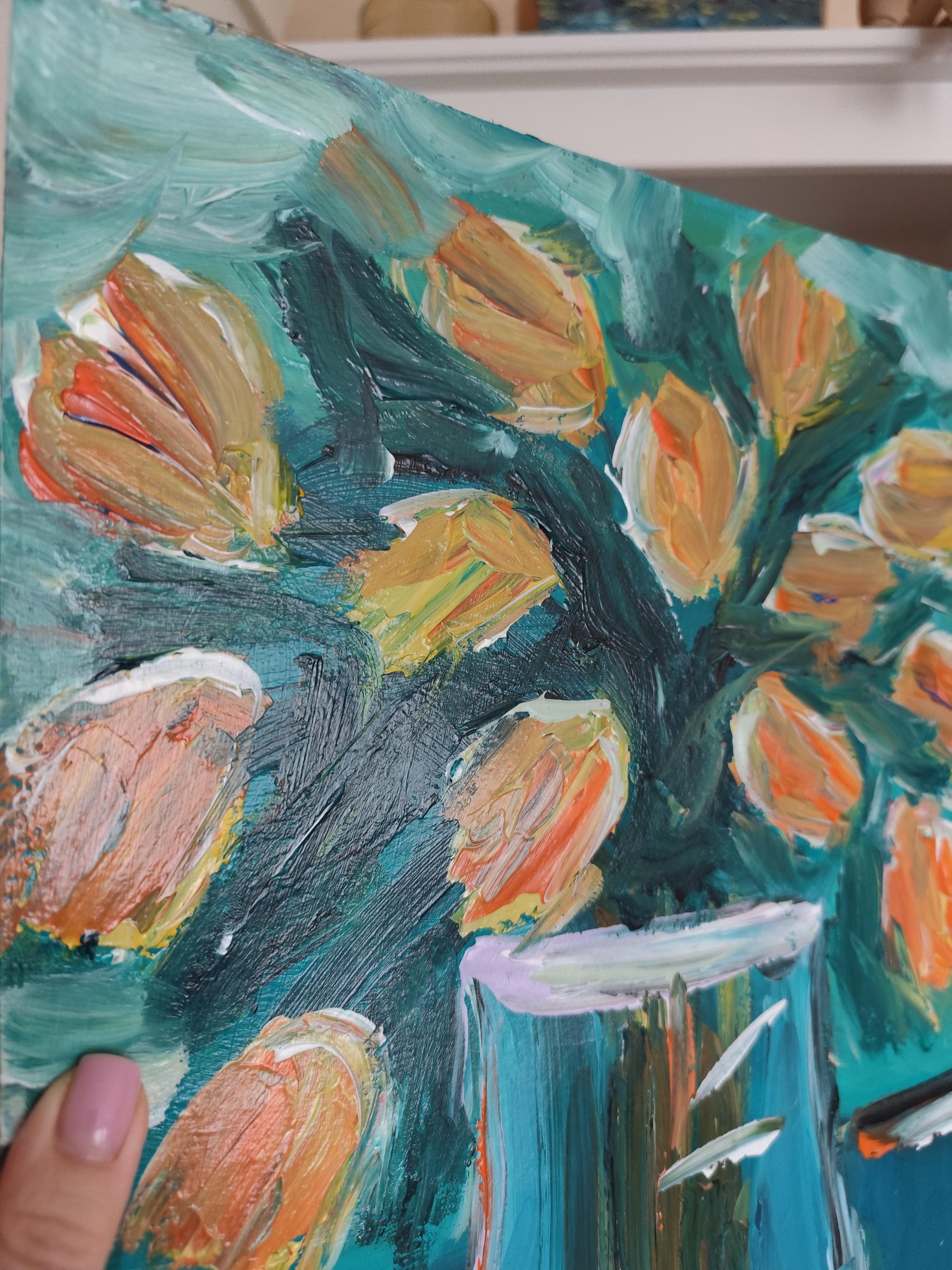 Pintura acrílica floral impresionista contemporánea sobre papel 