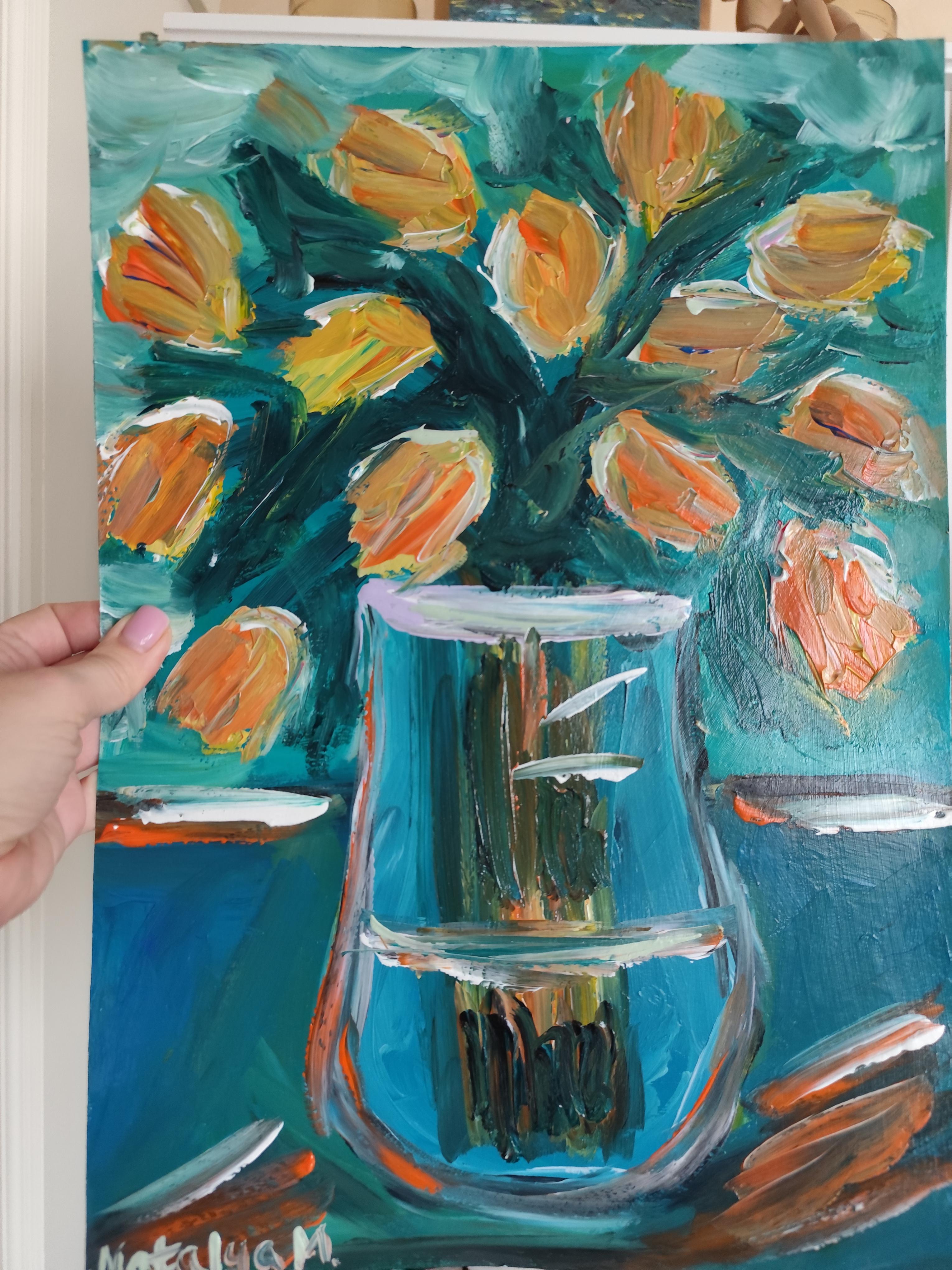 Pintura acrílica floral impresionista contemporánea sobre papel 