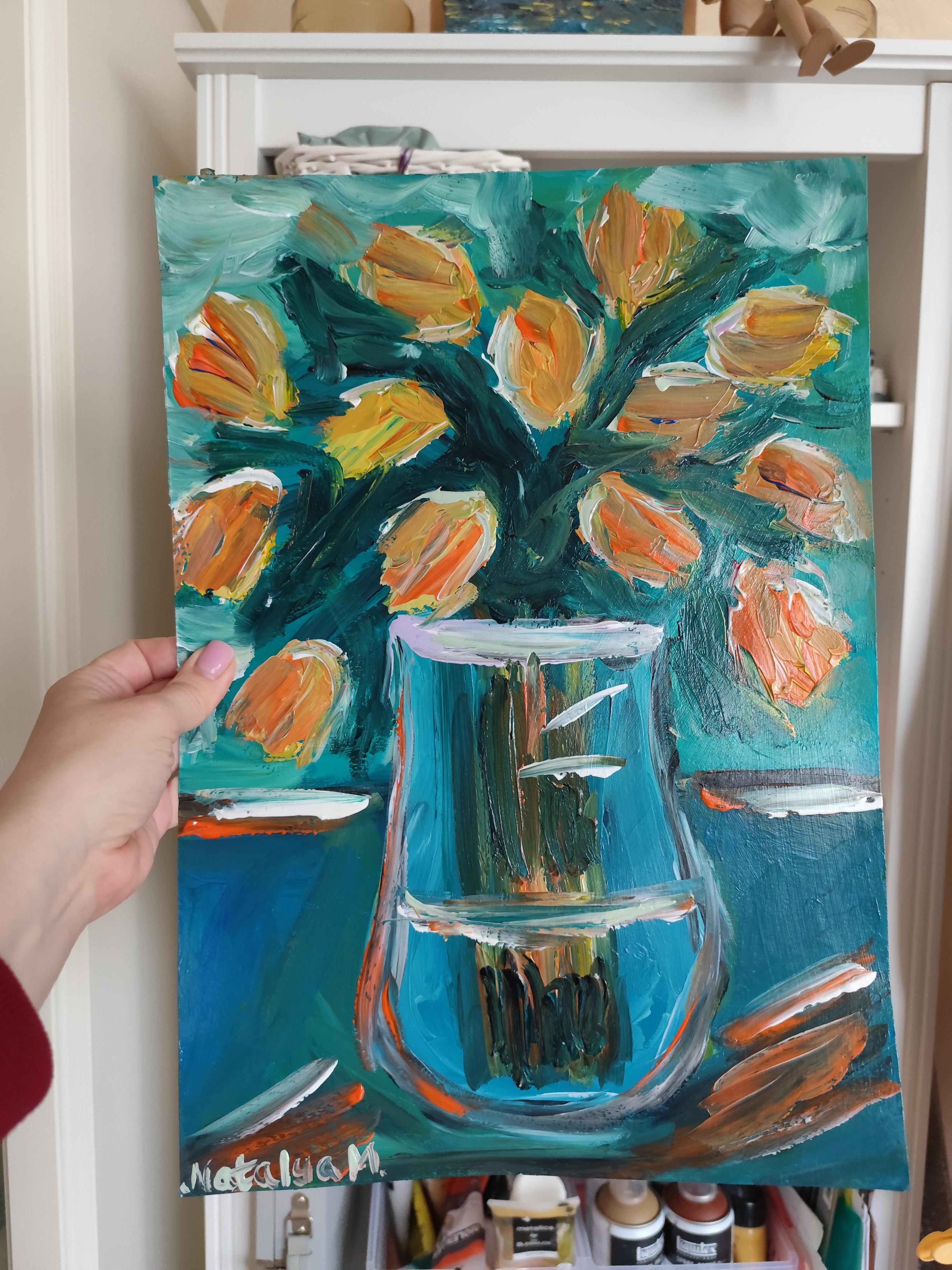 Pintura acrílica floral impresionista contemporánea sobre papel 