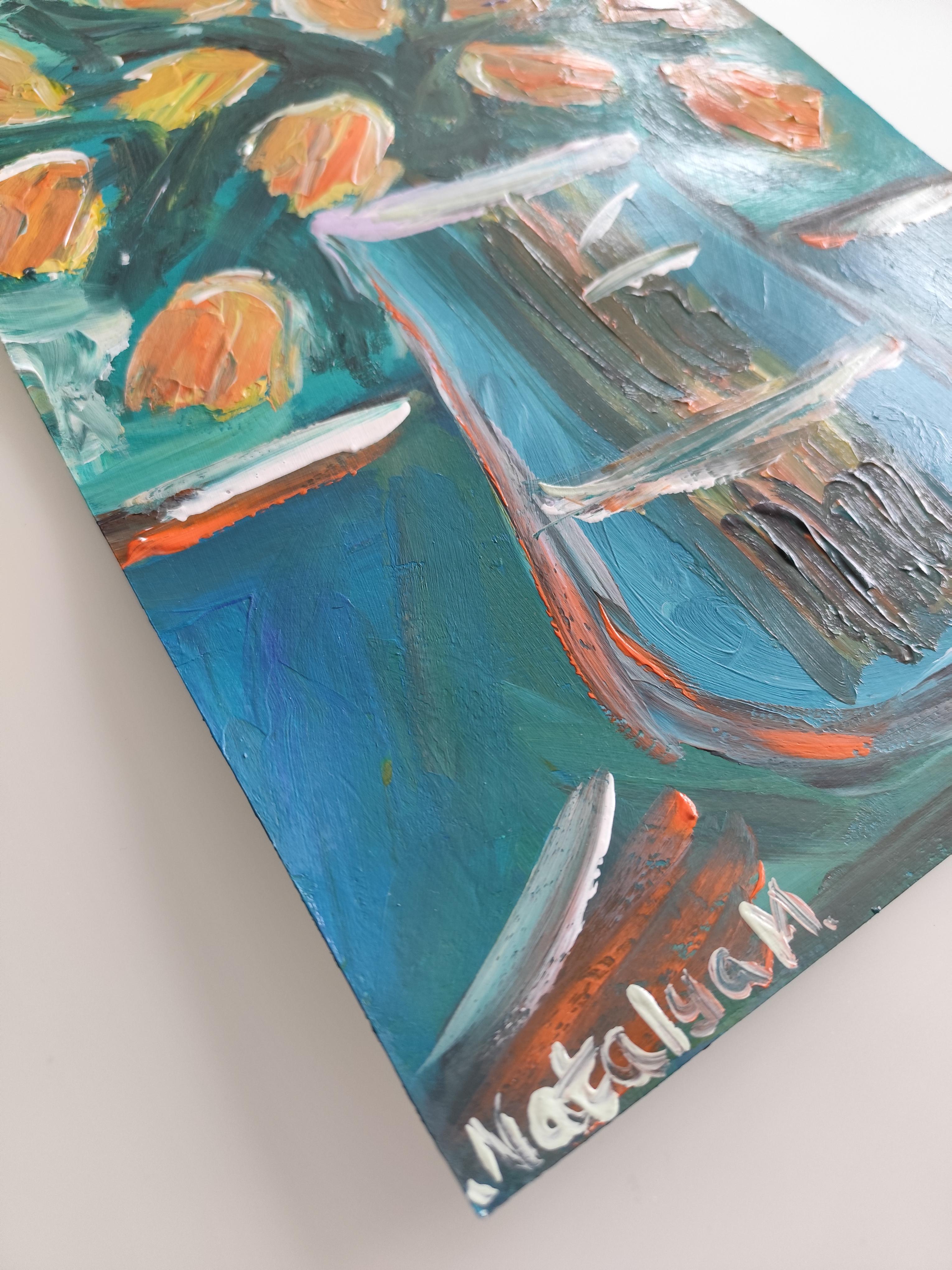 Pintura acrílica floral impresionista contemporánea sobre papel 