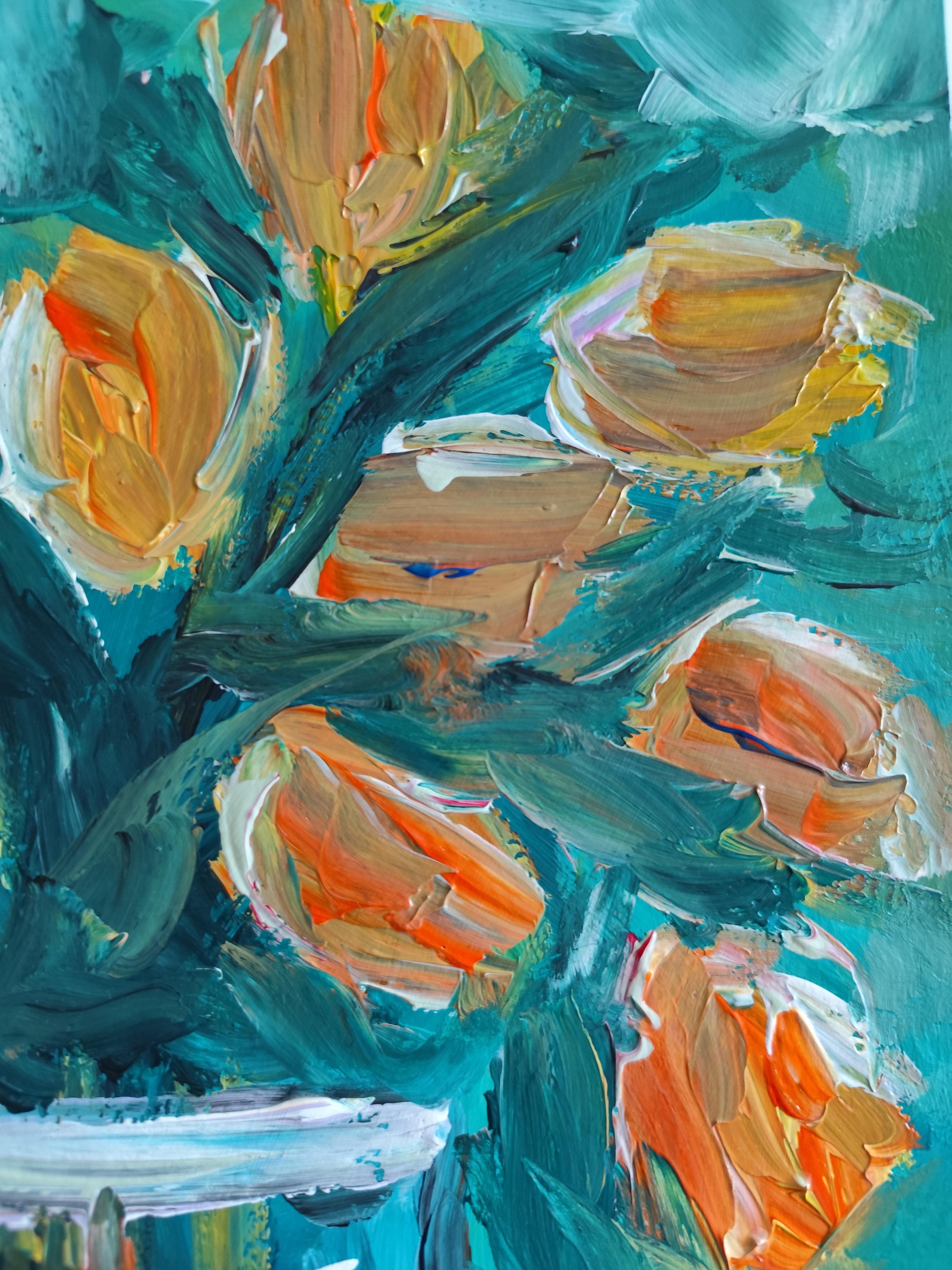 Pintura acrílica floral impresionista contemporánea sobre papel 