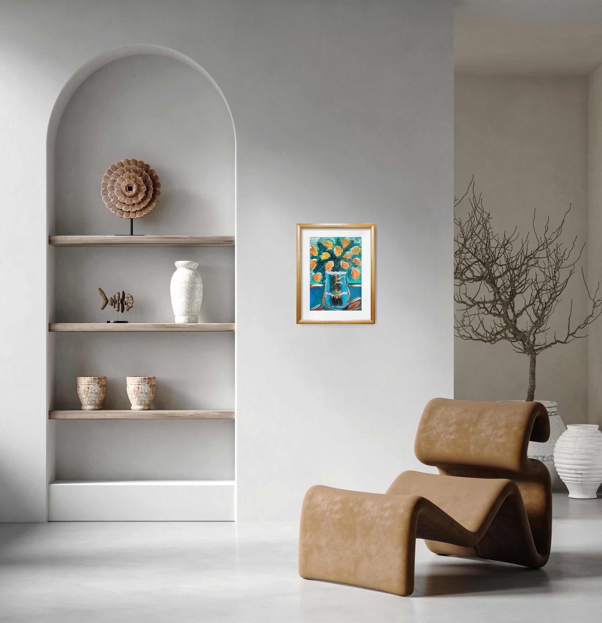Pintura acrílica floral impresionista contemporánea sobre papel 