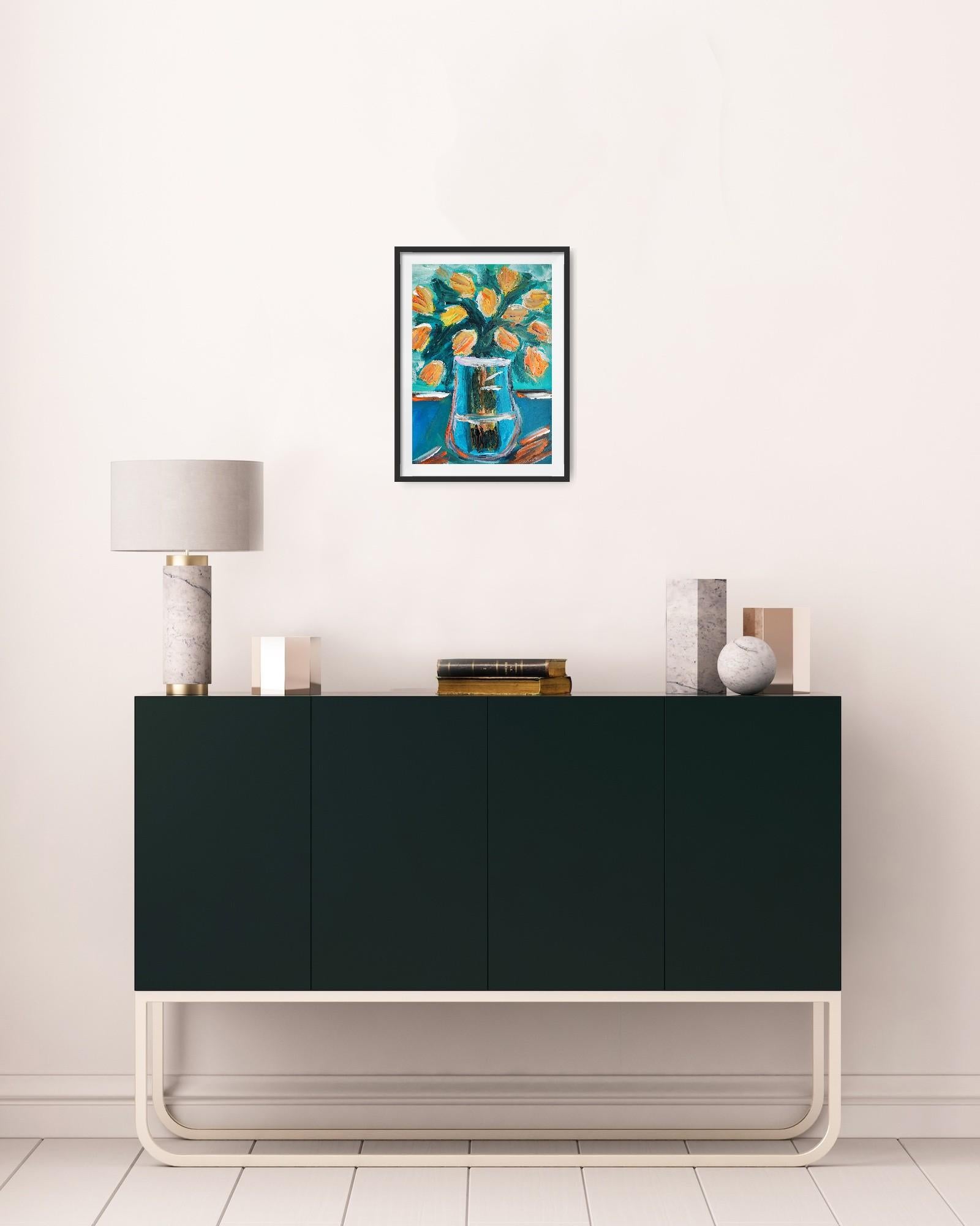 Pintura acrílica floral impresionista contemporánea sobre papel 