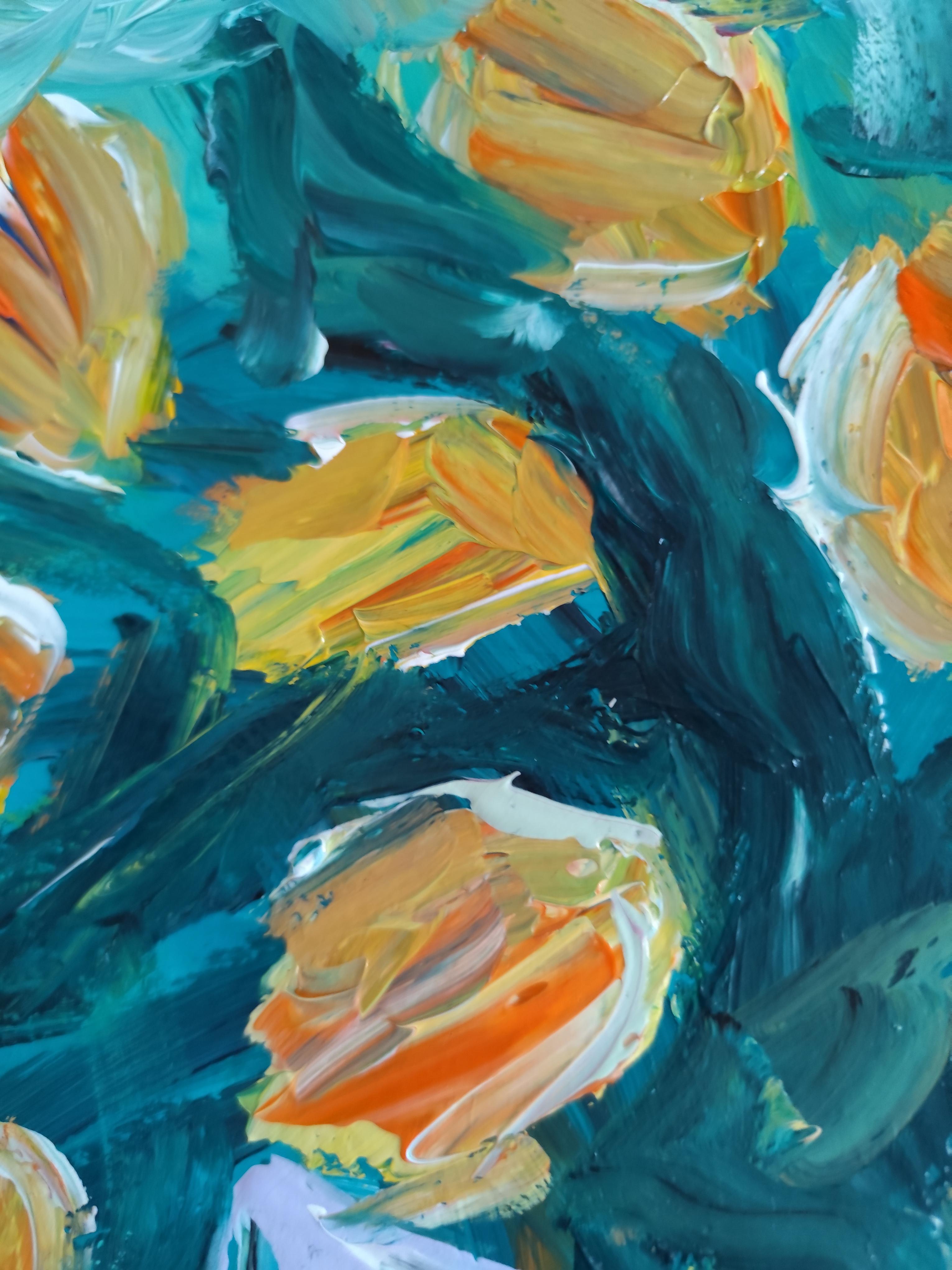 Pintura acrílica floral impresionista contemporánea sobre papel 