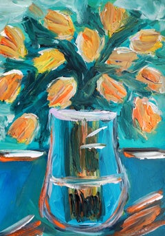Pintura acrílica floral impresionista contemporánea sobre papel "Tulipanes en flor"