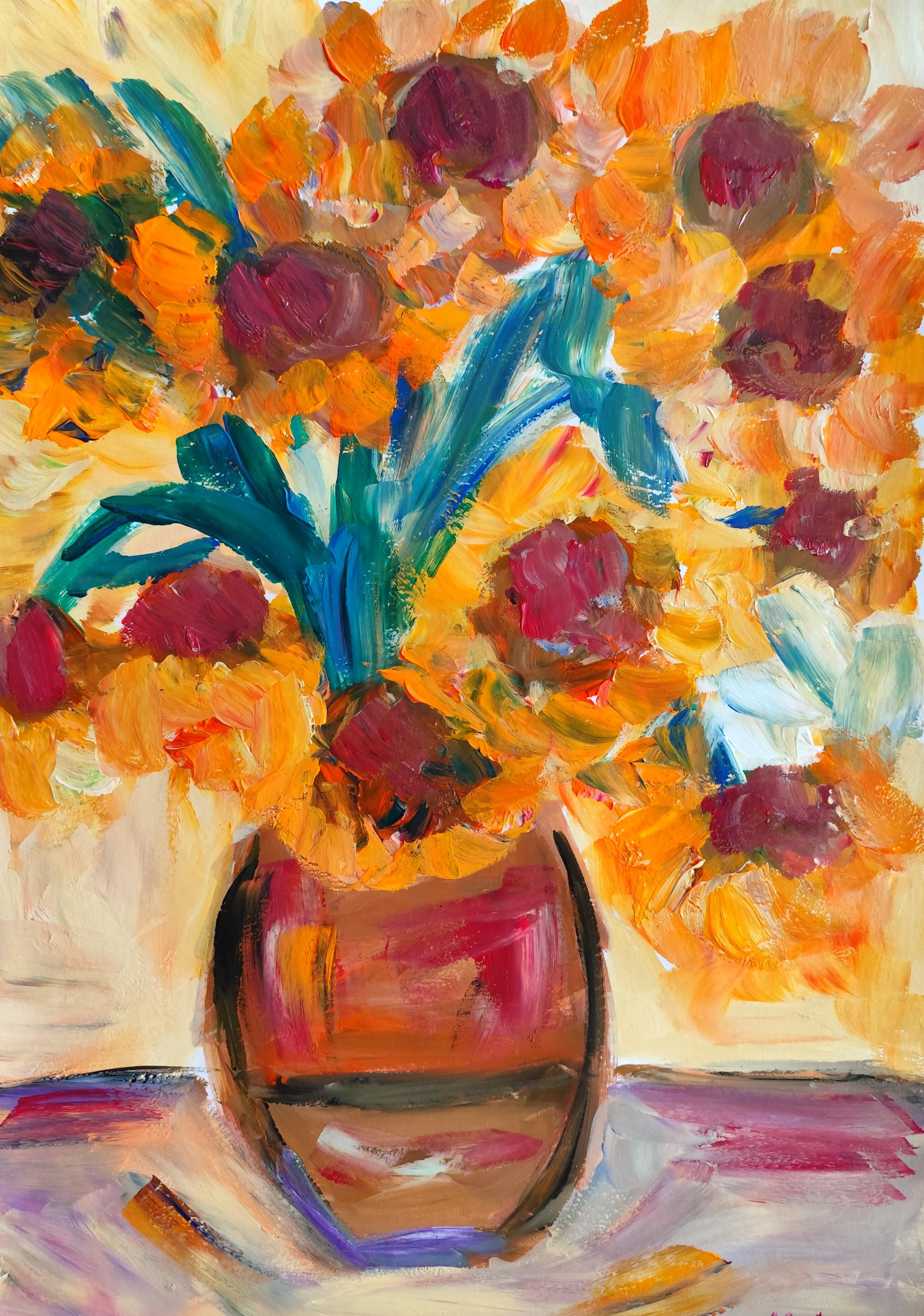 Pittura acrilica floreale impressionista contemporanea su carta "Tra i girasoli".
