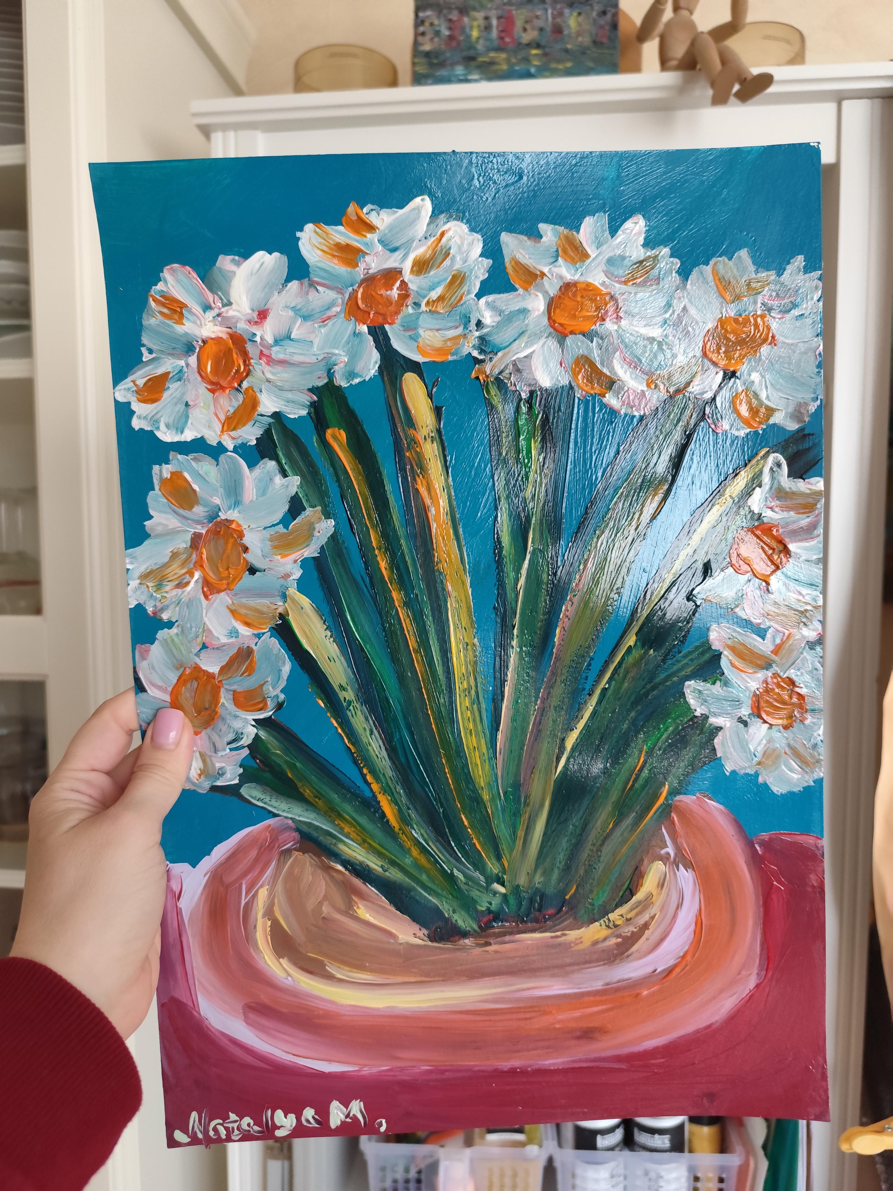 Peinture acrylique florale impressionniste contemporaine sur papier 