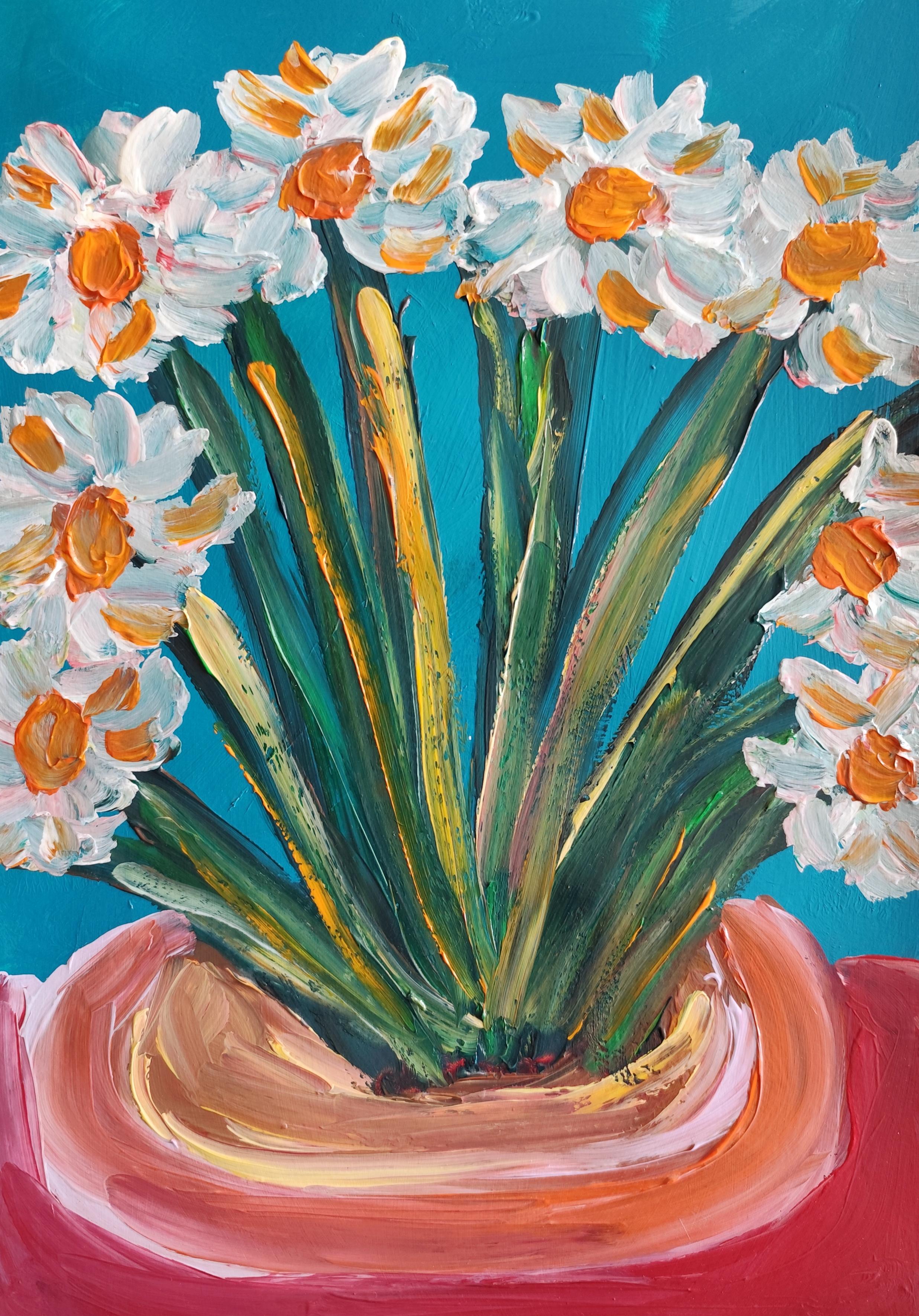 Contemporary impressionist floral acrylic painting paper "Narcissus of spring"