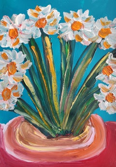 Contemporary impressionist floral acrylic painting paper "Narcissus of spring"