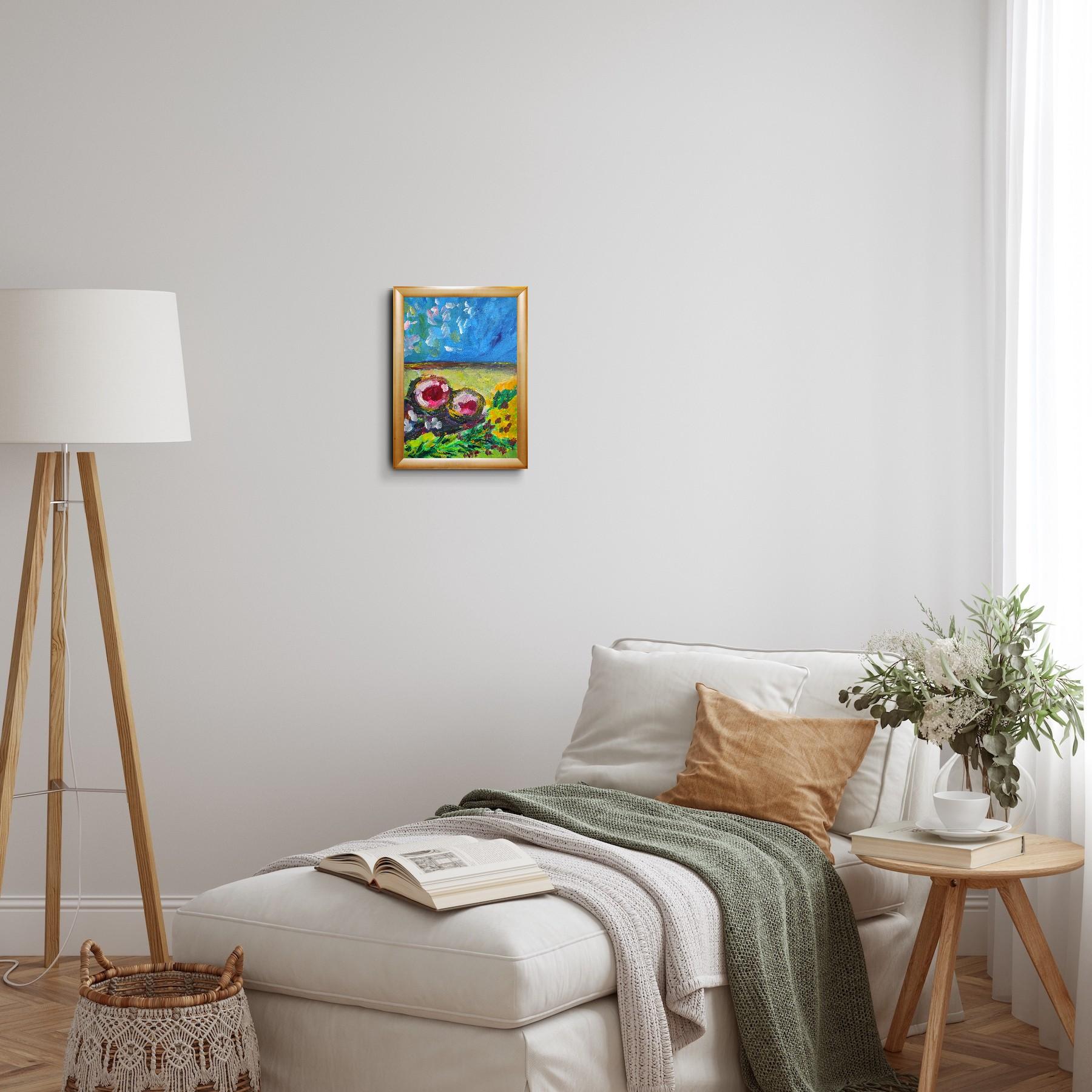 Dieses zeitgenössische postimpressionistische Fauvist-Stillleben mit zwei roten Äpfeln und einer Blume wurde von der französischen Künstlerin Natalya Mougenot geschaffen und ist Teil ihrer fortlaufenden Serie von Stillleben, in denen sie die Poesie