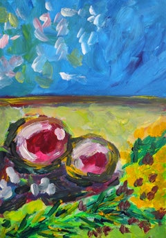 Zeitgenössisch  Impressionistisches Stilleben auf Papier "Obst und Blume"