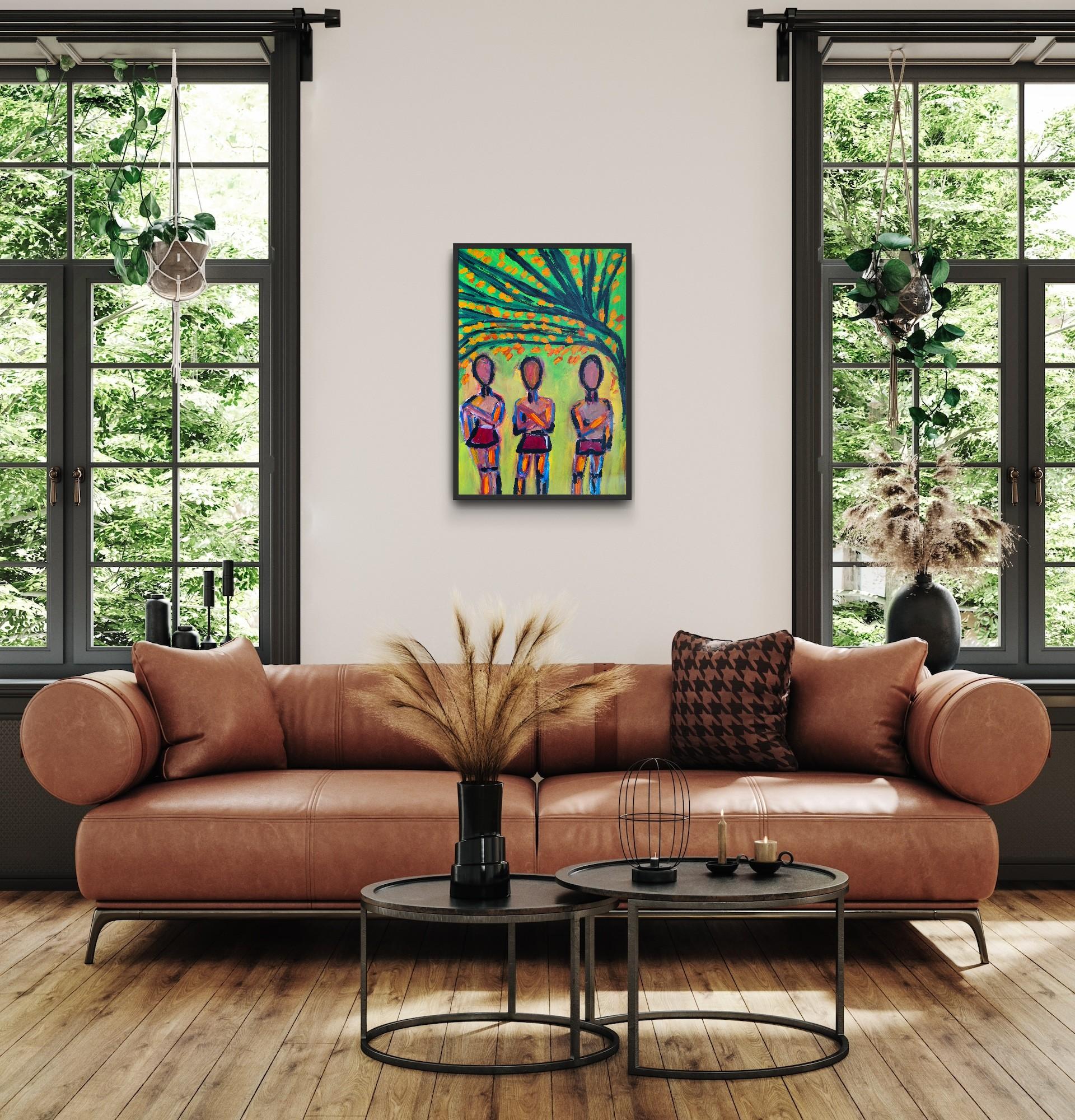 “Bound Apart” is a large, striking painting (70 x 100 cm / 27.5 x 39.5 in) that blends figurative and abstract styles capturing the invisible threads connecting human beings, even when they stand apart. The painting features three faceless