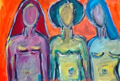 Astratto contemporaneo di grandi dimensioni  ritratto figurativo di tre donne "Soul Trinity"
