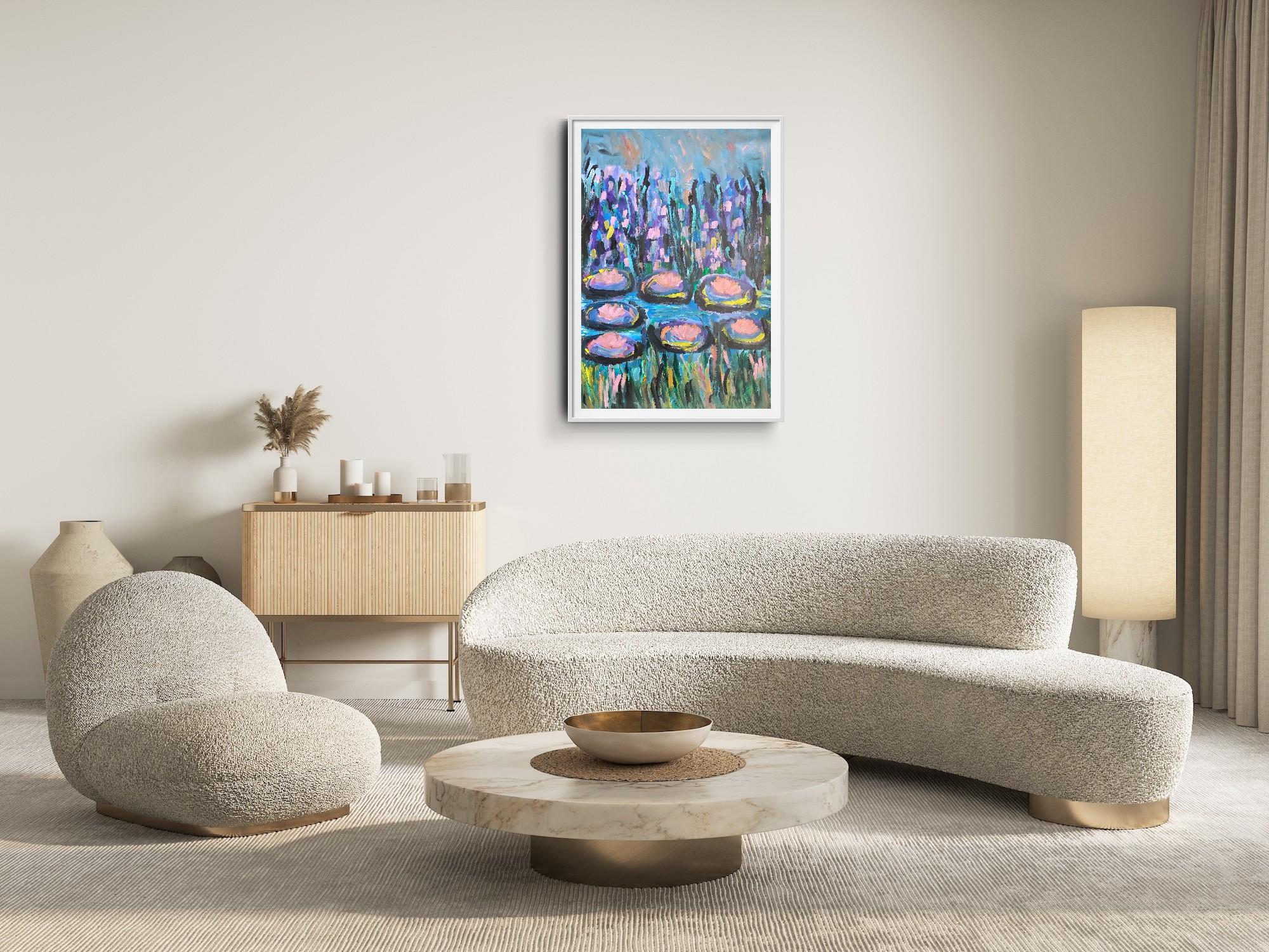 “Lilies in Bloom” is a large contemporary painting (70 x 100 cm / 27.5 x 39.5 in) by French artist Natalya Mougenot, inspired by Claude Monet’s timeless water lilies and Joan Mitchell’s expressive abstraction. This work reinterprets the serenity of