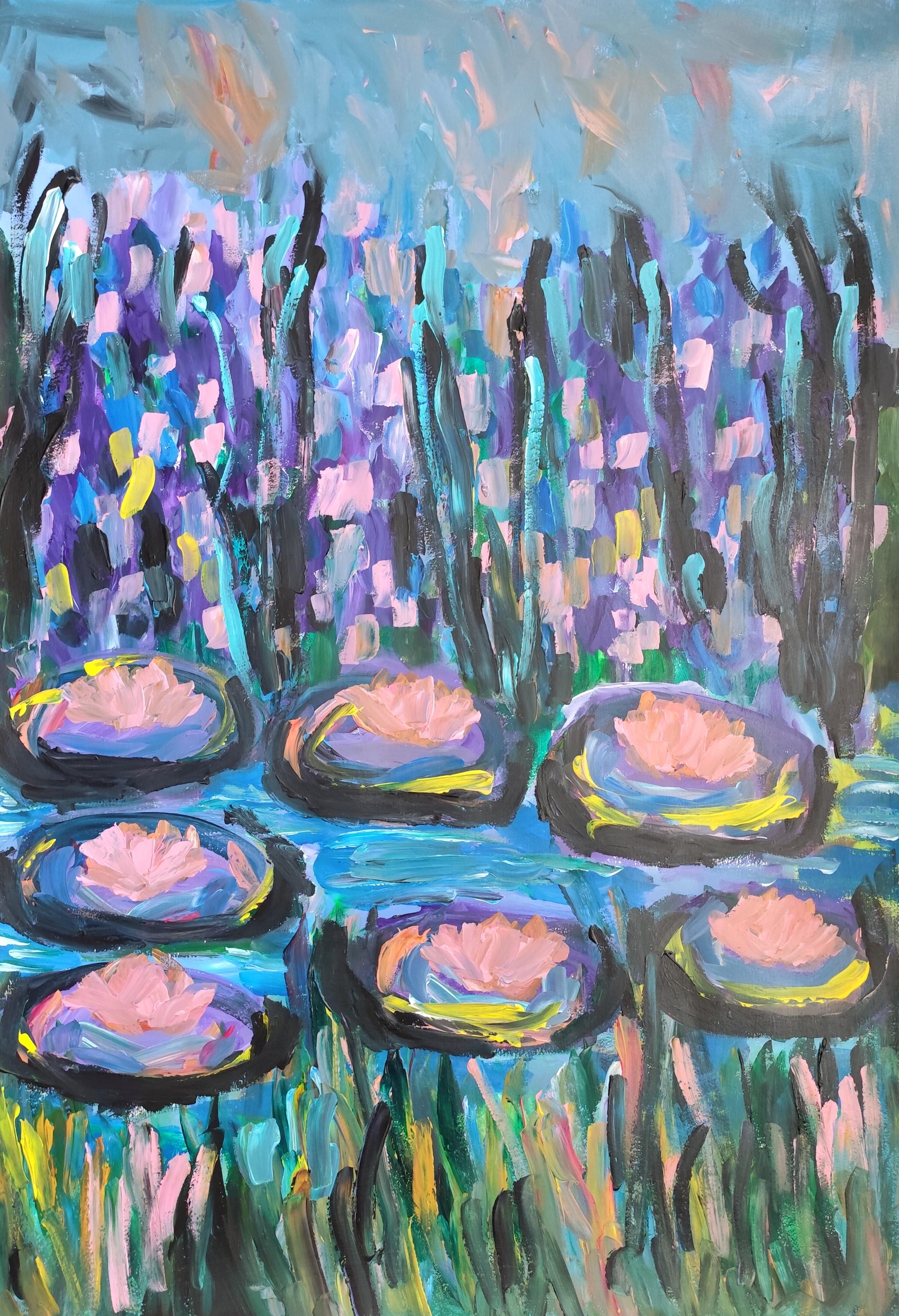 Zeitgenössisches großes abstraktes Gemälde inspiriert von Claude Monet "Lilien in Blüte"