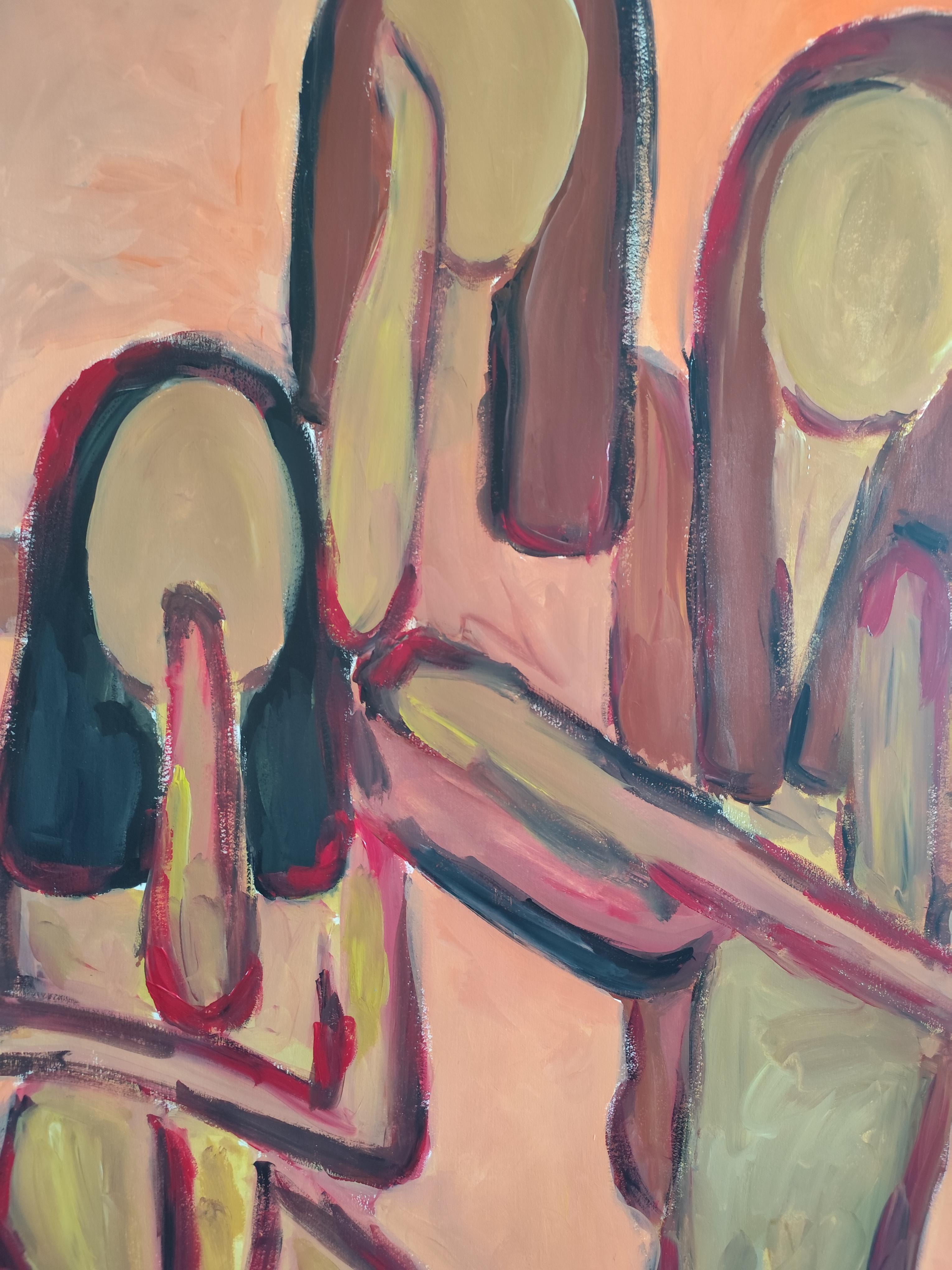 Zeitgenössisches großes figuratives Gemälde von Frauen auf Papier 