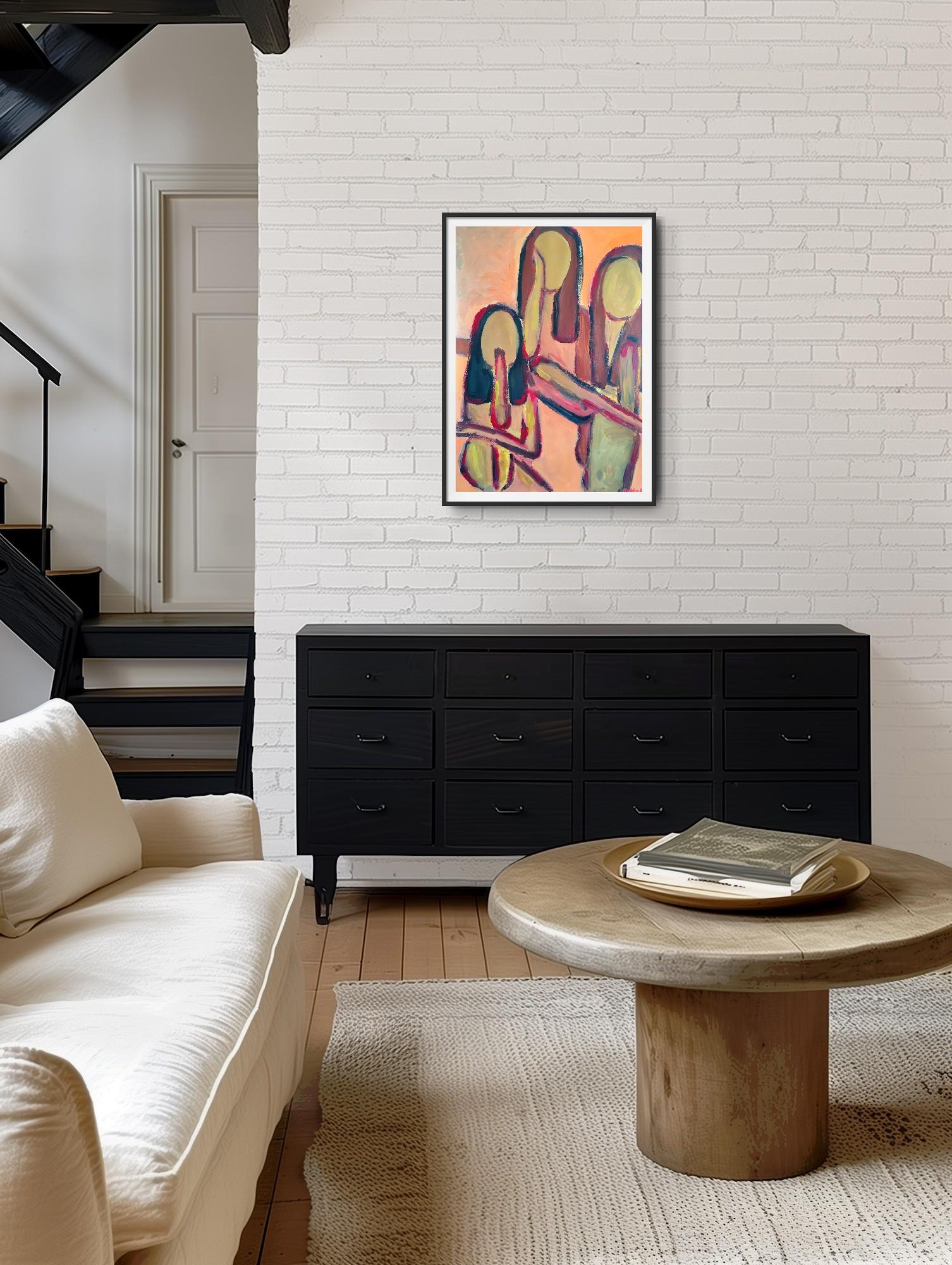 Zeitgenössisches großes figuratives Gemälde von Frauen auf Papier 