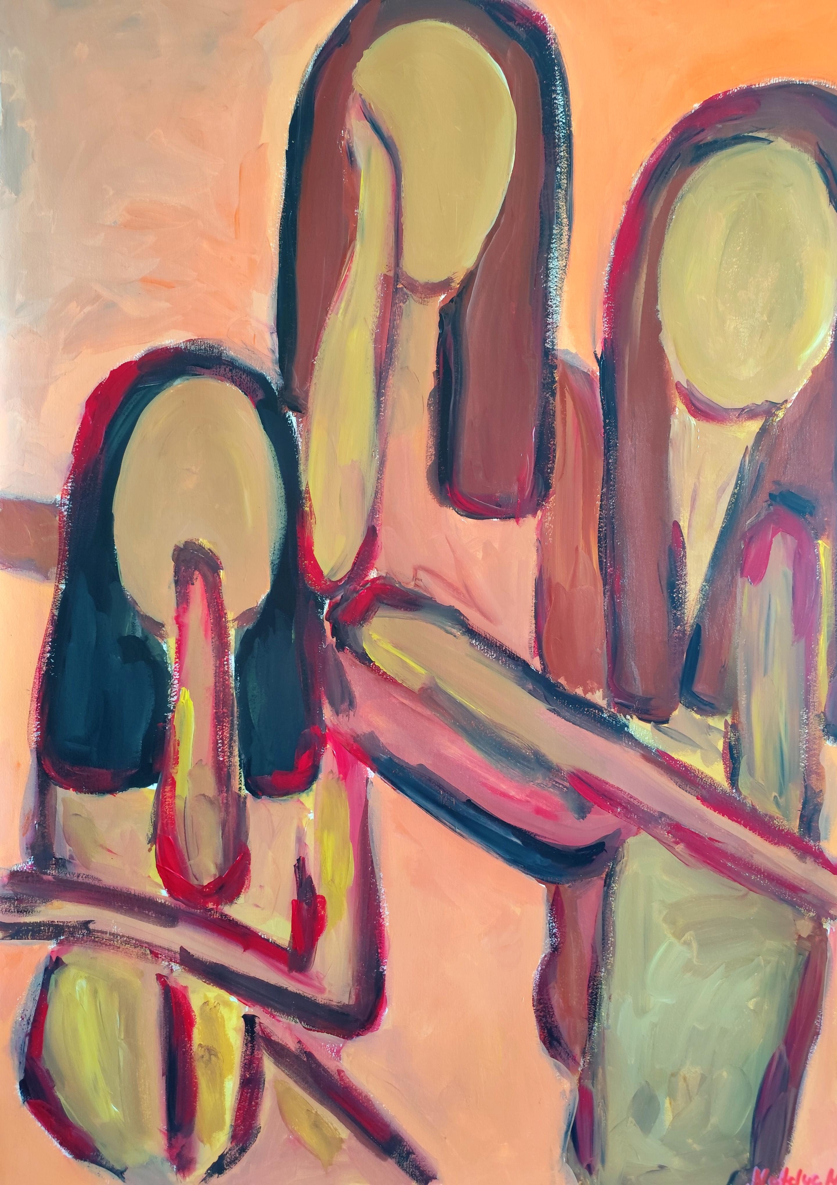 Zeitgenössisches großes figuratives Gemälde von Frauen auf Papier "Bound in grace".