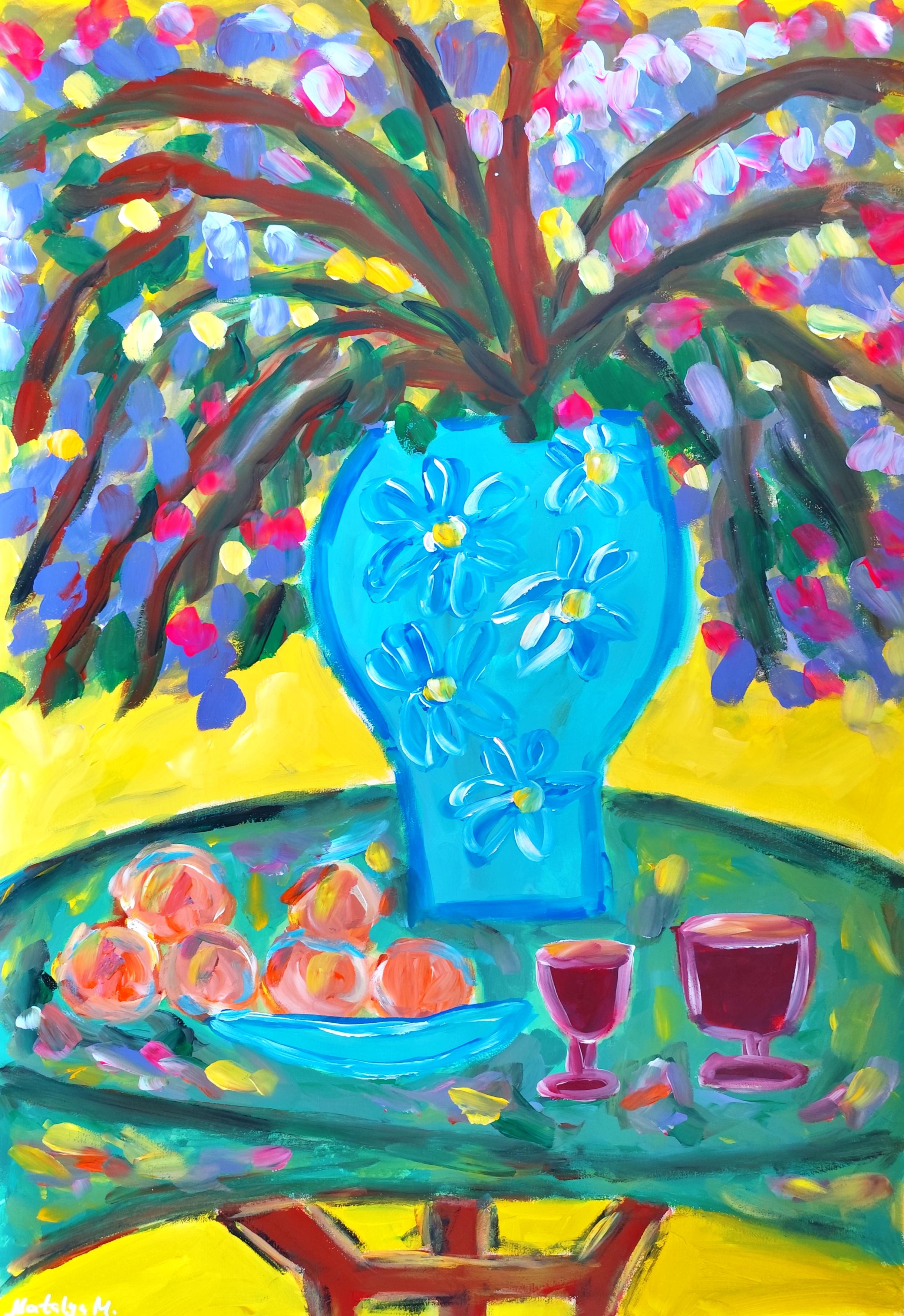 Contemporary large vivid figurative still life floral painting "Luminous table"